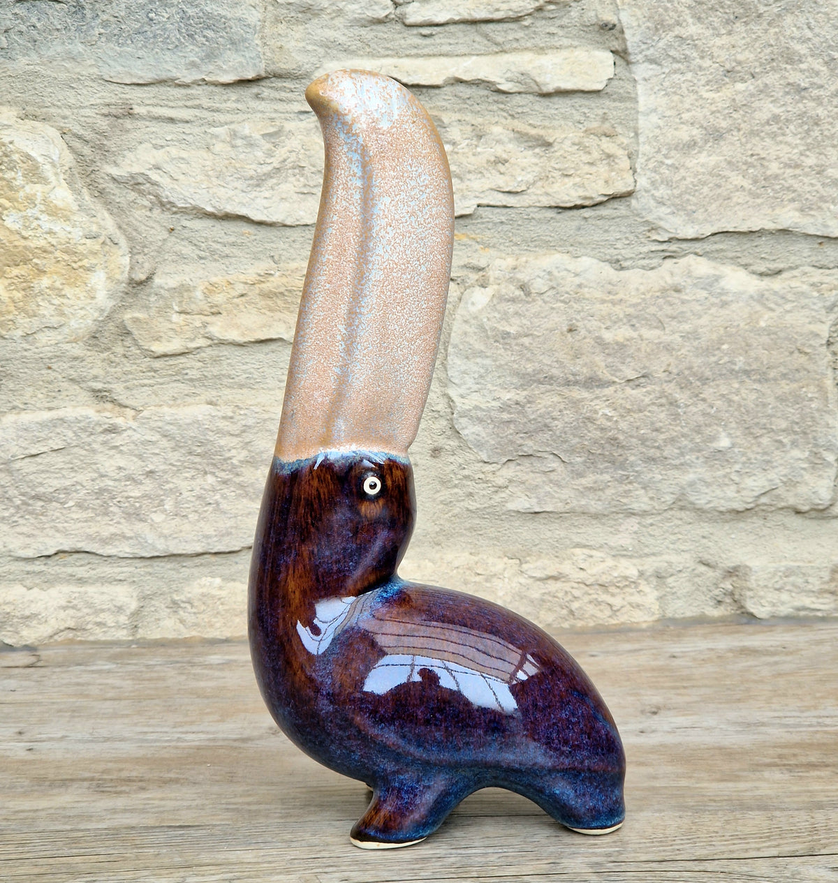 Rare 27cm Vintage Mid Century Ceramic Toucan Sculpture Mottled Treacle Blue Purple Art Pottery Bird