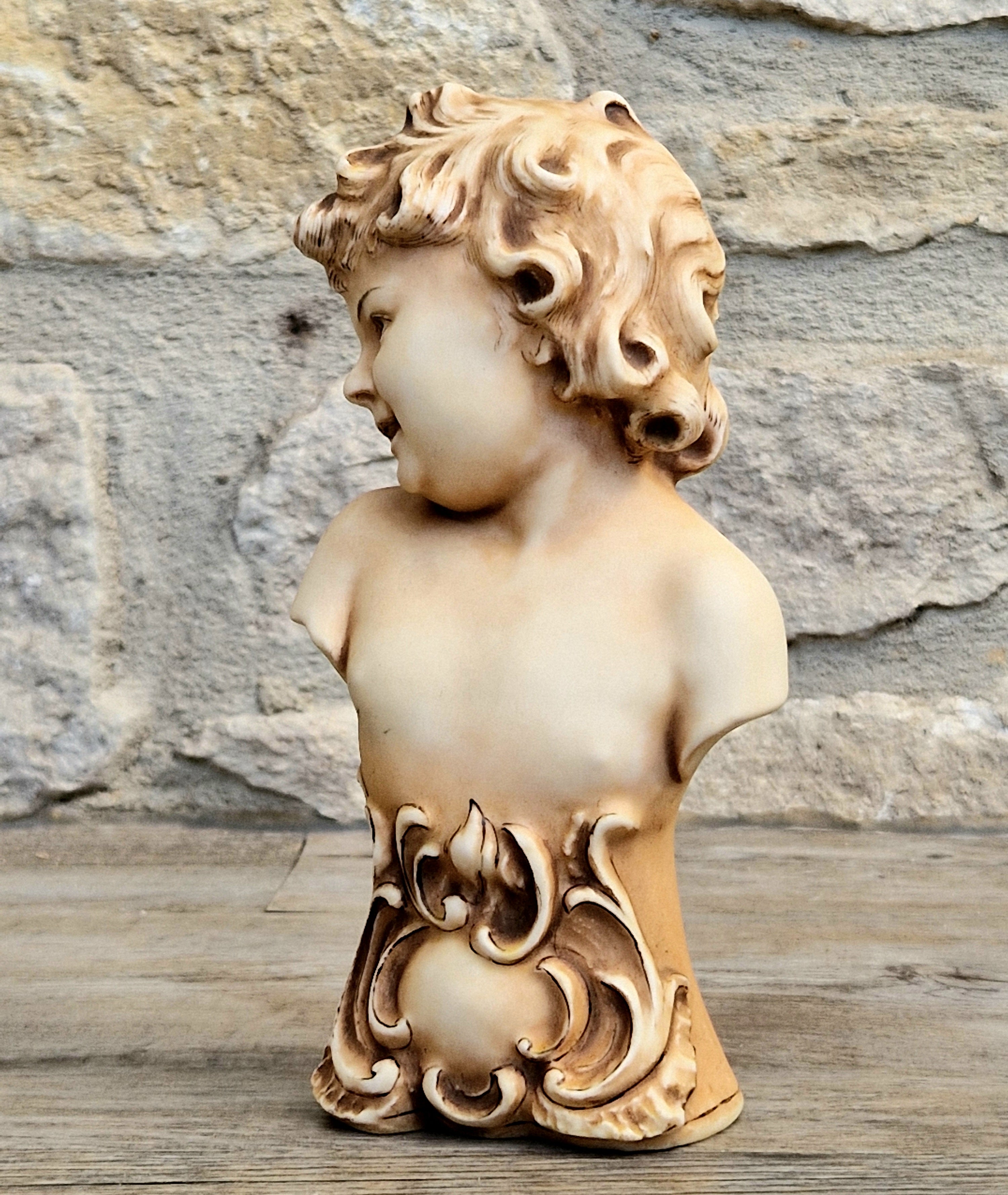 Antique NeoClassical Continental Patinated Bisque Porcelain Putti Child Bust Figure Ornament
