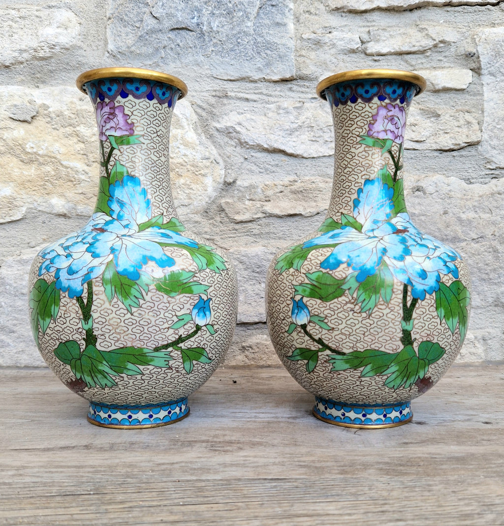 Pair Of Large Cloisonne Mirror Matched Peony Vases Mid 20th Century Exemplary Condition 23cm