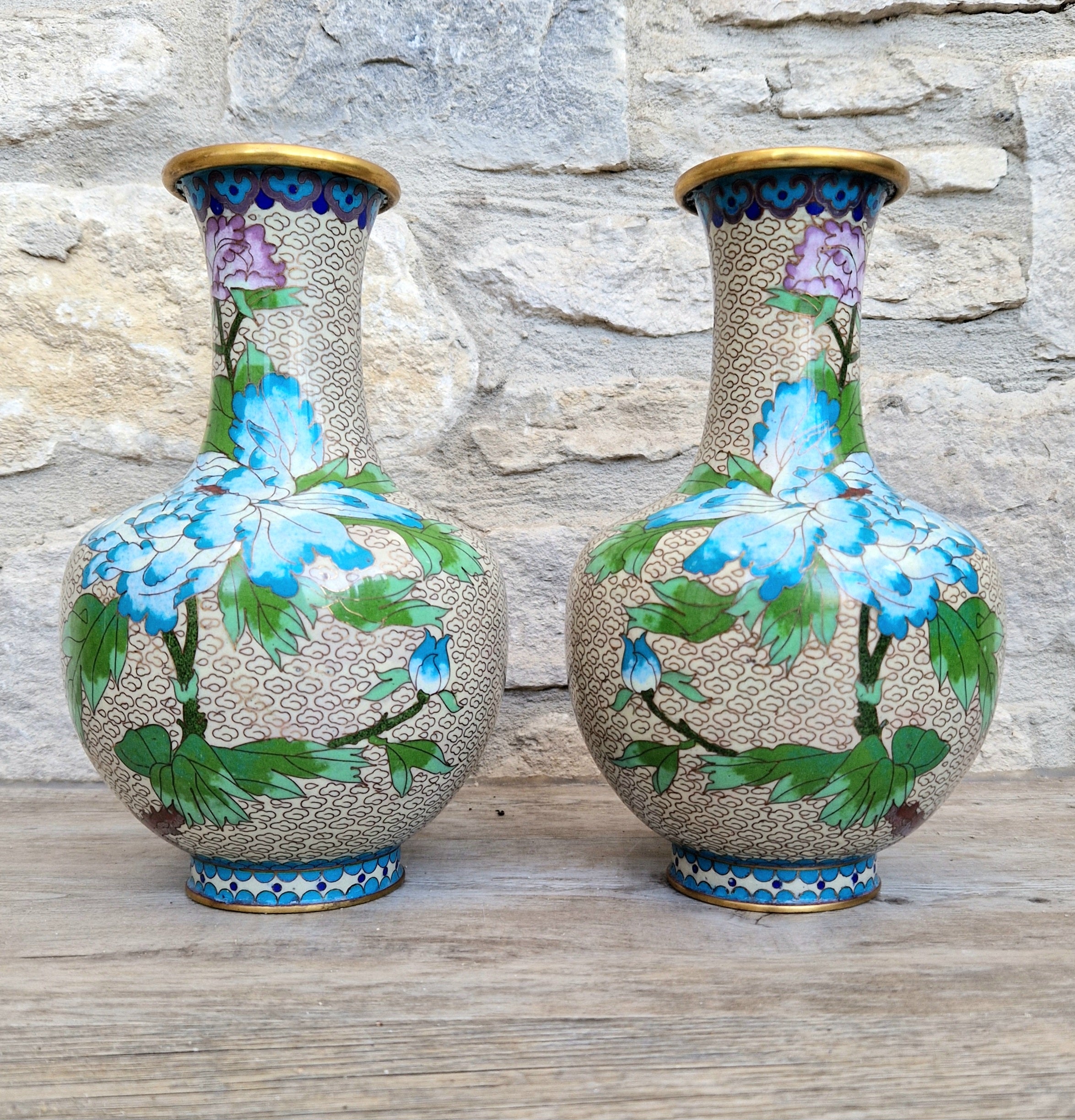 Pair Of Large Cloisonne Mirror Matched Peony Vases Mid 20th Century Exemplary Condition 23cm