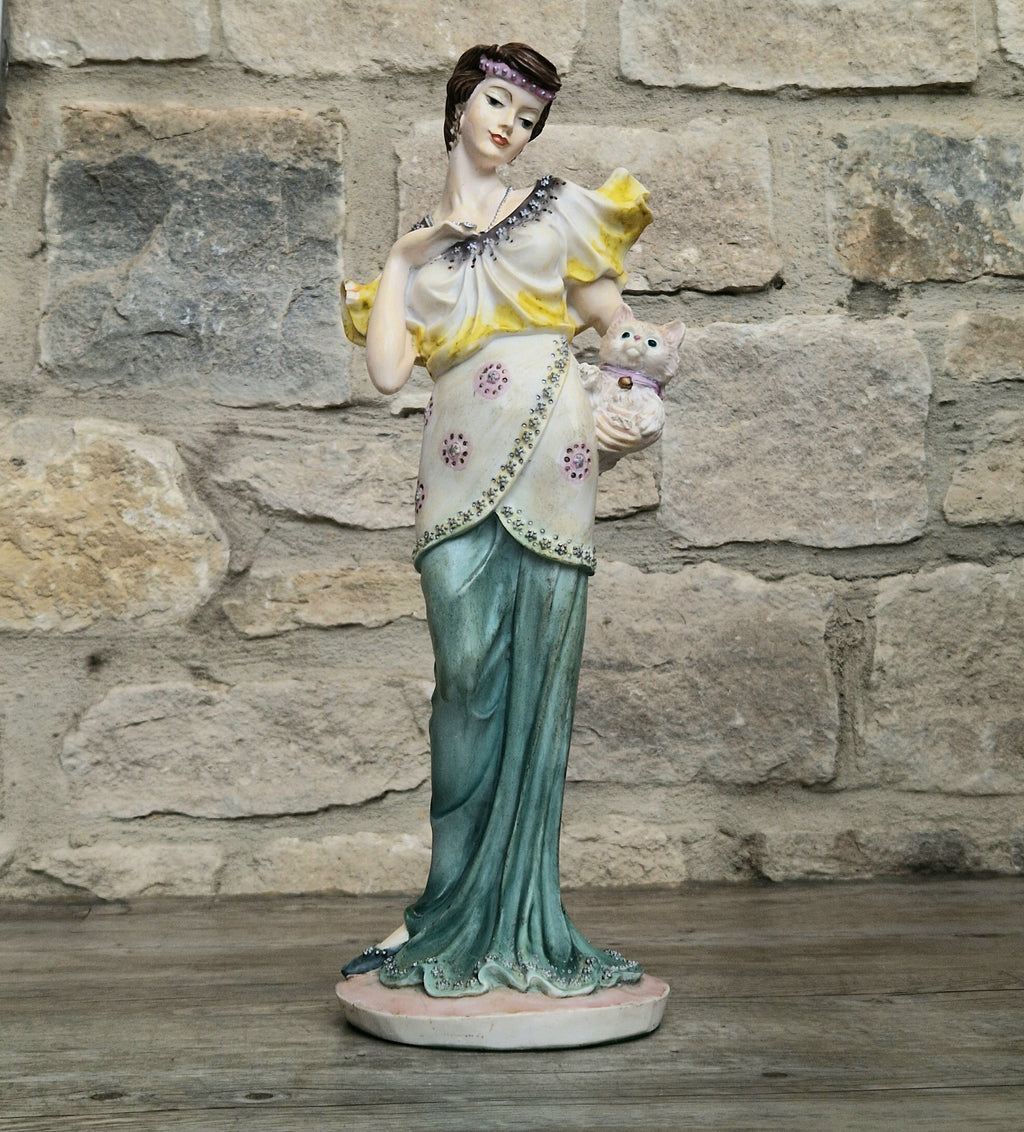 Vintage 14” Art Deco Style Resin Lady Figurine with Cat, Elegance Statue Angelica Collection, 1.46kg Heavy Mantle Sculpture 36cm