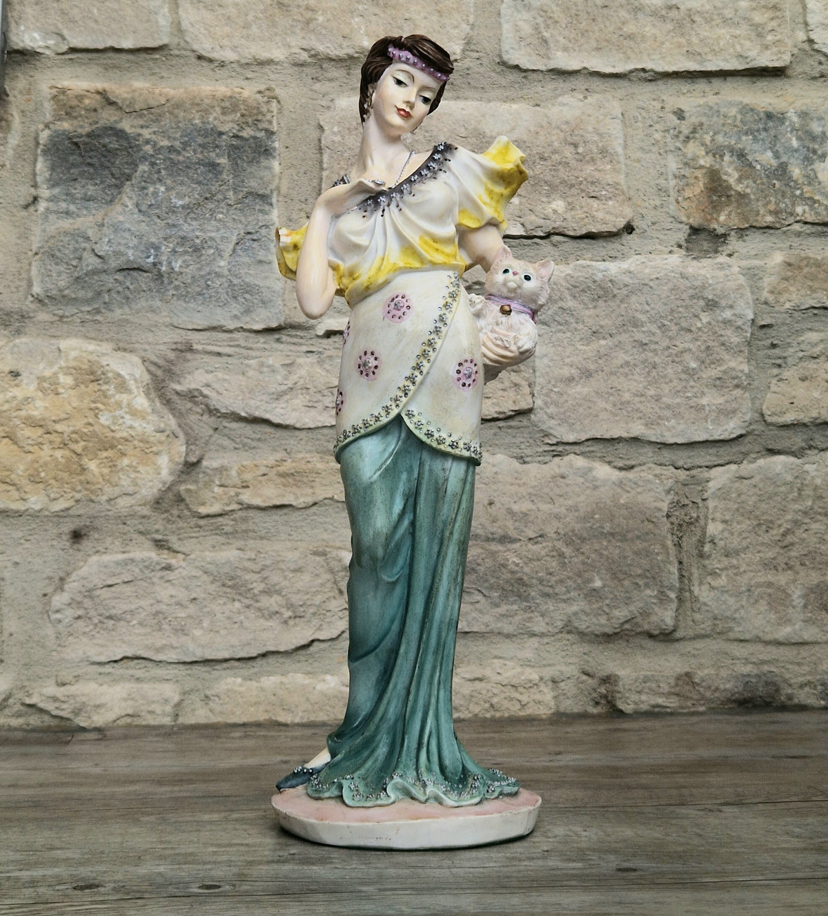 Vintage 14” Art Deco Style Resin Lady Figurine with Cat, Elegance Statue Angelica Collection, 1.46kg Heavy Mantle Sculpture 36cm