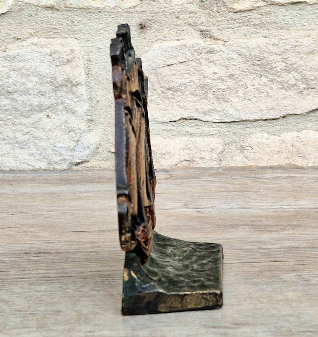 1920s Antique Sand Cast Bronze Mayflower Ship Bookend Paperweight Pattern 110 Original Paint