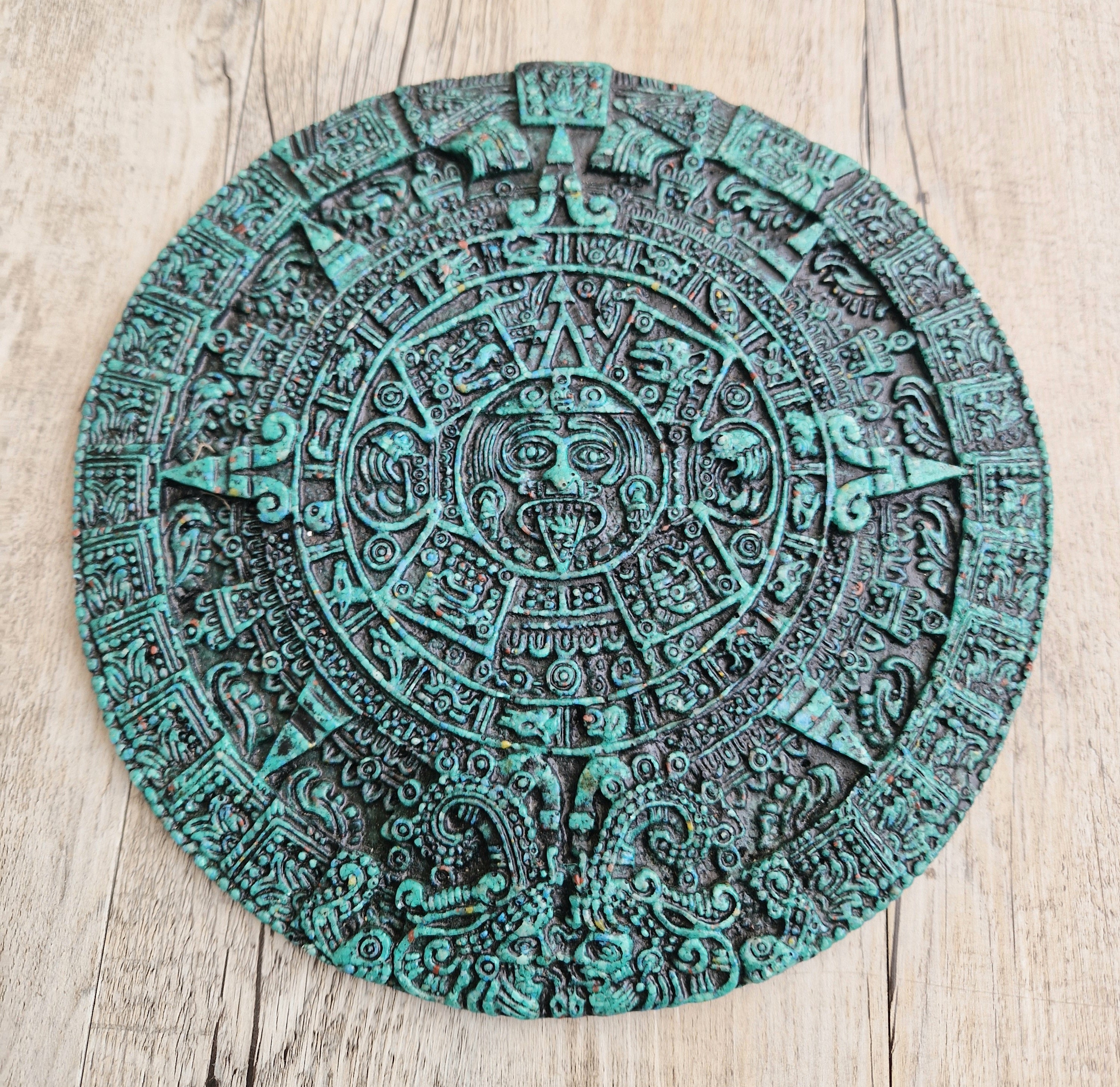 Vintage Green Malachite Composite Aztec Sun Stone Calendar Stone Wall Plaque