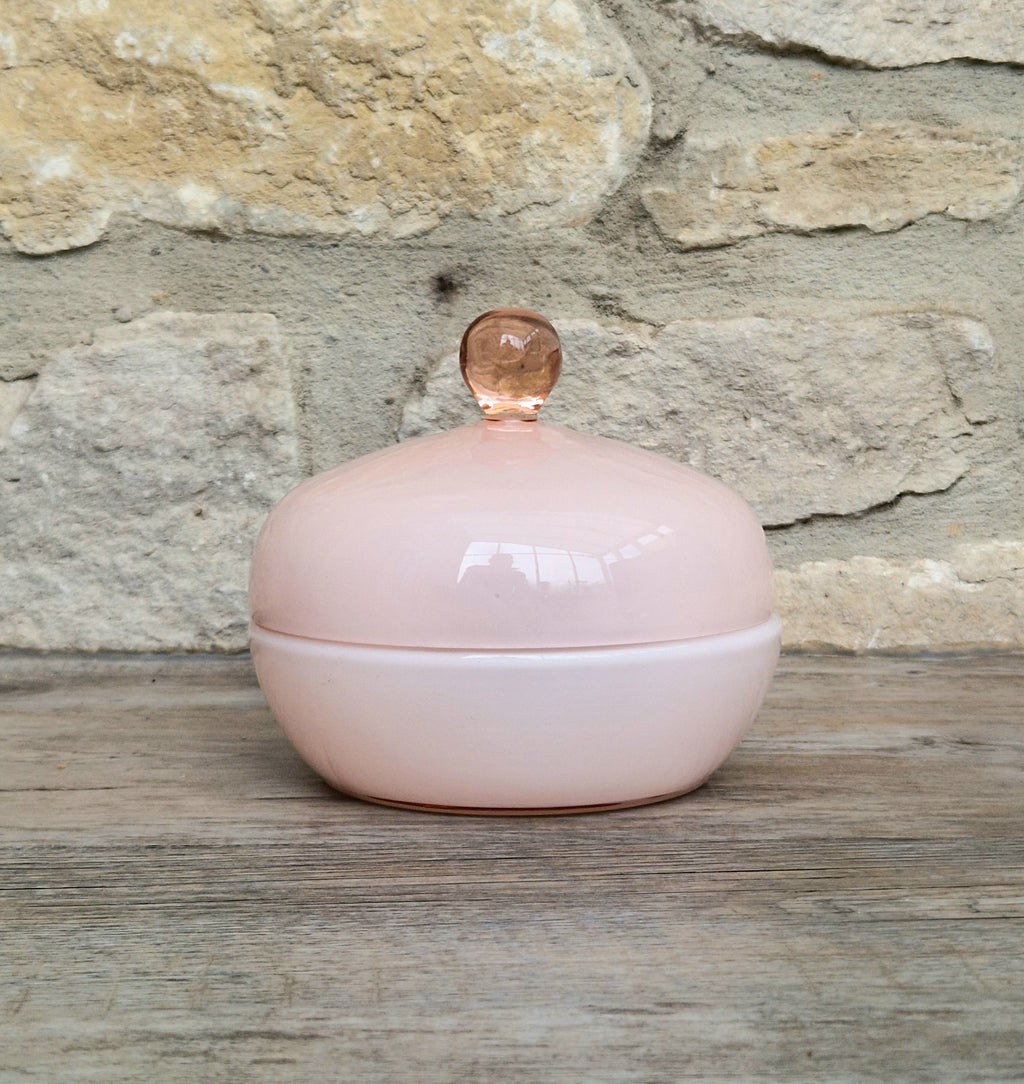 Vintage Large Opaline Pink Glass Lidded Powder Box Trinket Dish Art Deco Decor