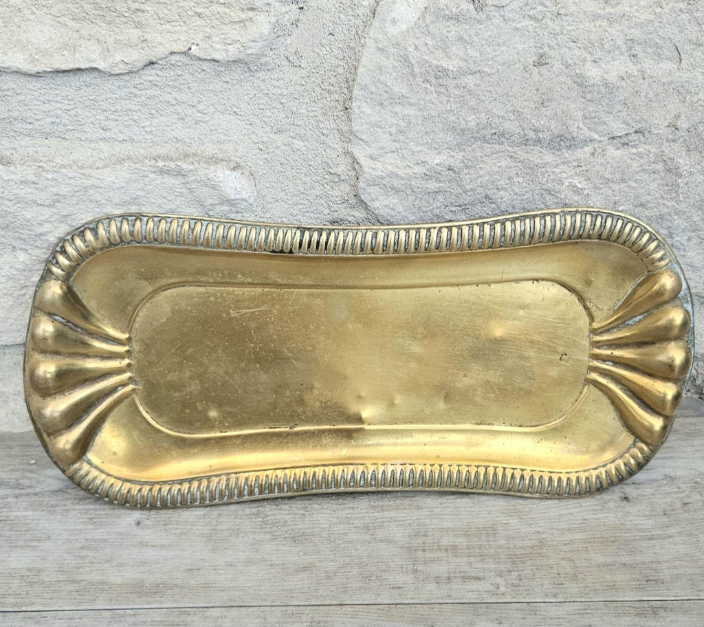Antique Art Nouveau Brass Trinket Tray Ornate Catchall Dish Vanity Decor with Patina 24cm X 10cm