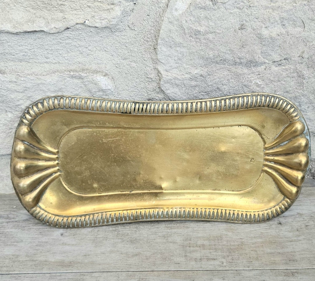 Antique Art Nouveau Brass Trinket Tray Ornate Catchall Dish Vanity Decor with Patina 24cm X 10cm