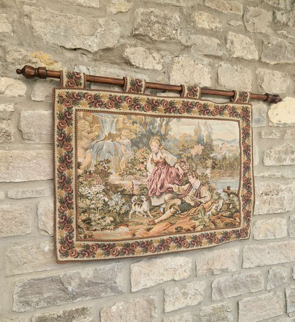 Vintage French Jaquard Pastoral Tapestry Wall Hanging Mounted on Oak Finialled Pole Linned & Finished in England 86cm x 62cm