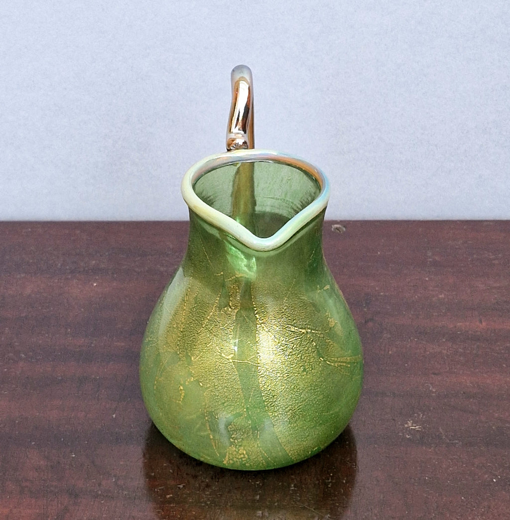 Antique Probable Salviati Dott. Murano Glass Jug, Green Gold Leaf, Venetian c.1875–1890, Handblown 13.5cm Rare