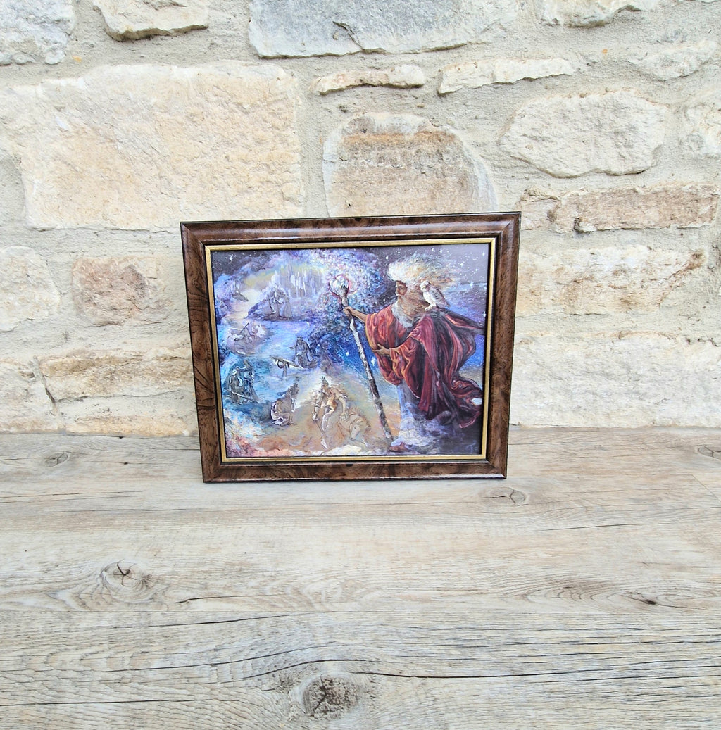 Vintage 1990s Foil Art Print Titled "Merlin's Quest" by Artist Josephine Wall Framed