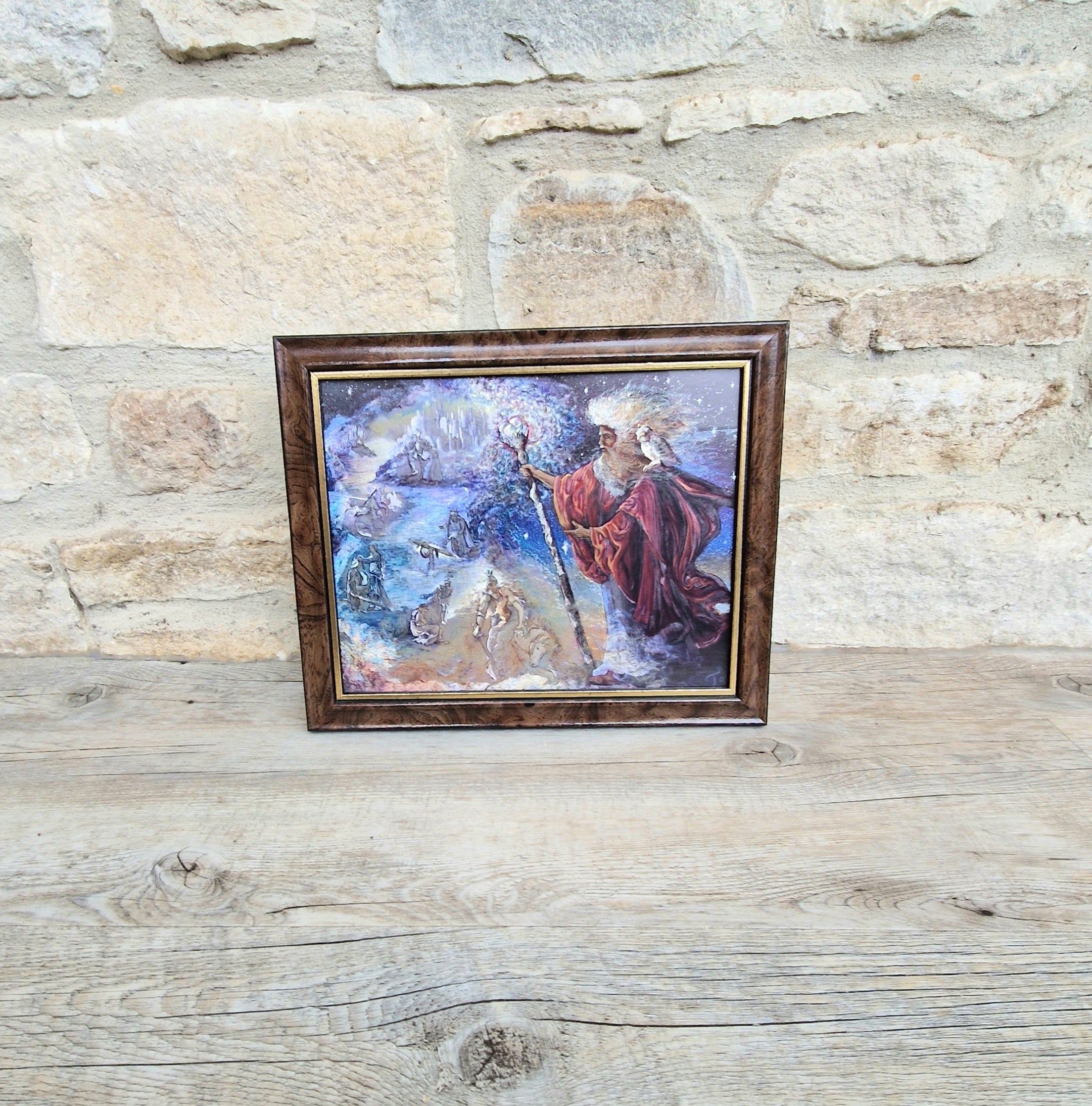 Vintage 1990s Foil Art Print Titled "Merlin's Quest" by Artist Josephine Wall Framed