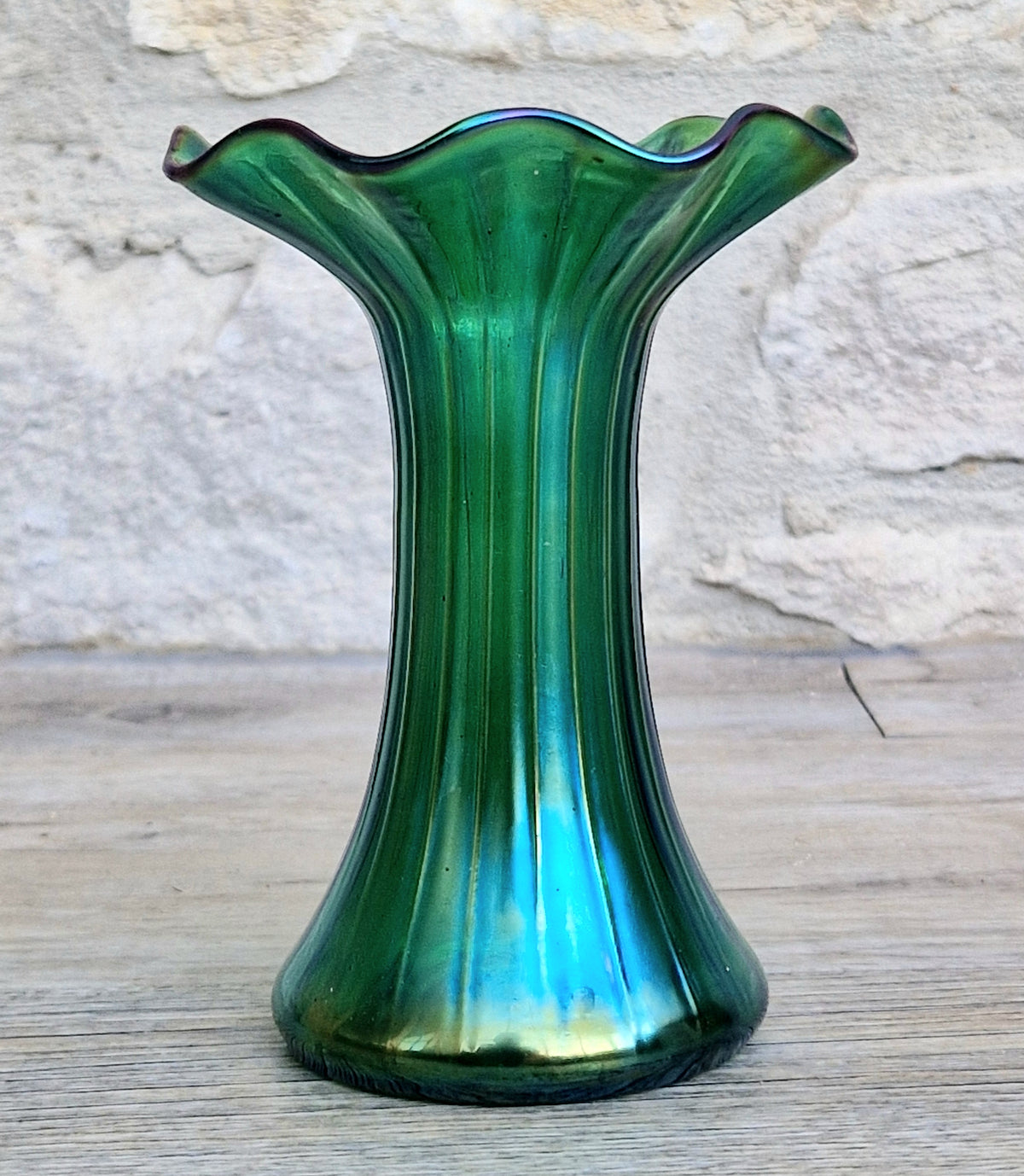 Antique Loetz Art Nouveau Creta Glatt Iridescent Green Glass Fluted Vase Polished Pontil c1900