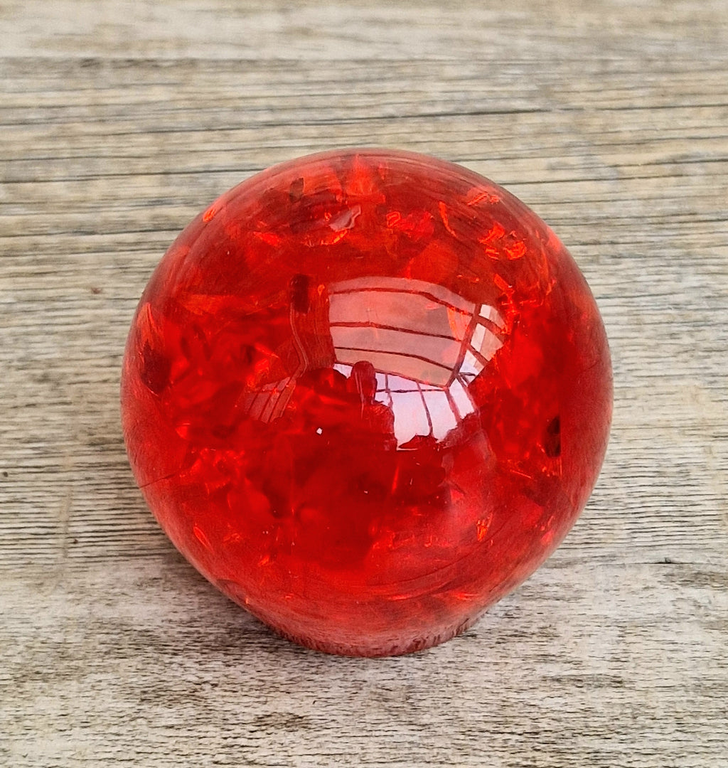 Vintage 1960s Shattaline Resin Orb Paperweight Bright Red Fractured Ice Mid Century Desk Ornament