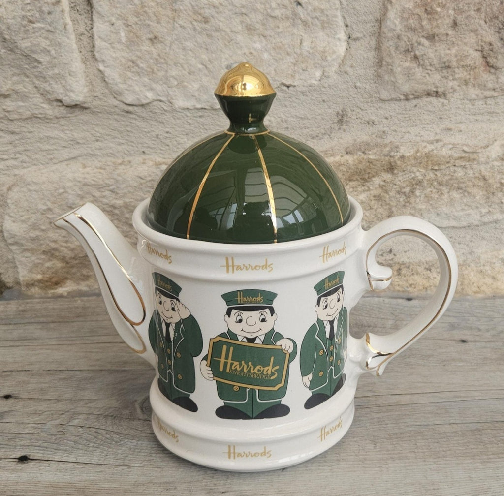 Vintage Harrods Teapot Green & Gold Doormen Motif, James Sadler England Harrods Logo