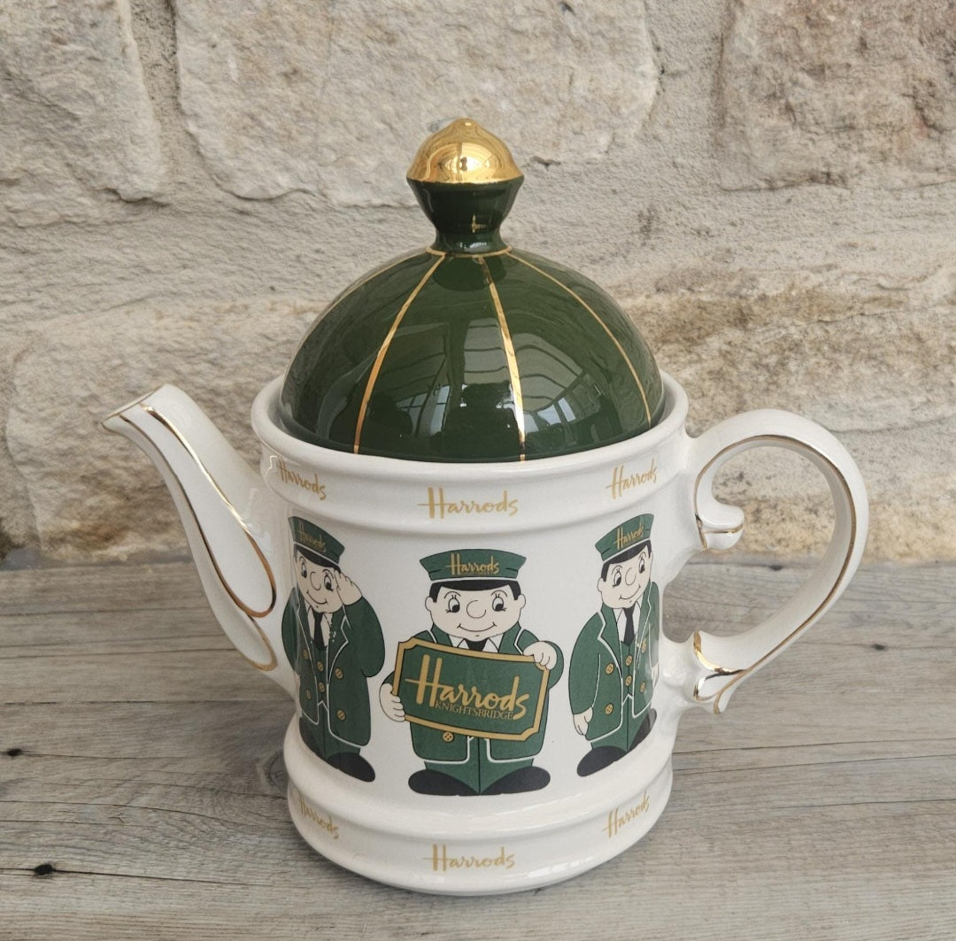 Vintage Harrods Teapot Green & Gold Doormen Motif, James Sadler England Harrods Logo