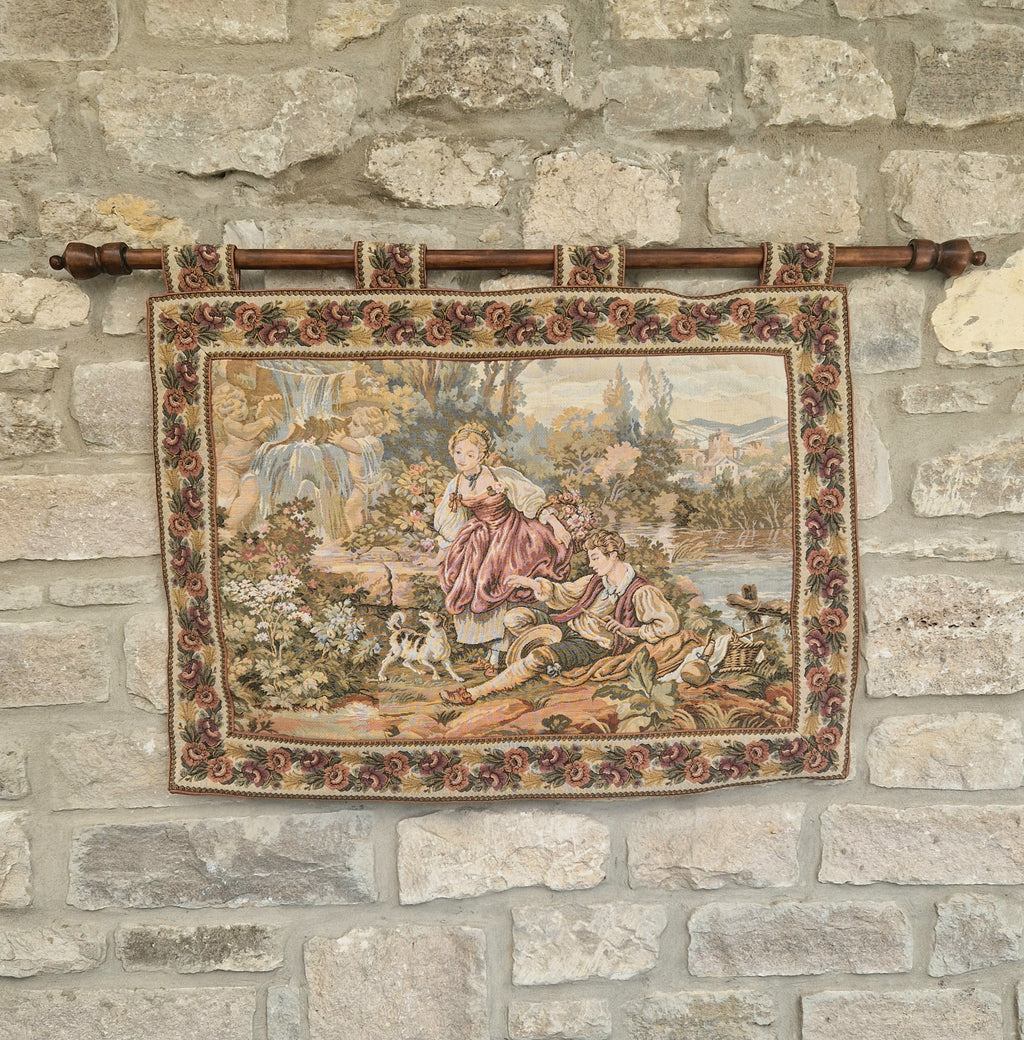 Vintage French Jaquard Pastoral Tapestry Wall Hanging Mounted on Oak Finialled Pole Linned & Finished in England 86cm x 62cm