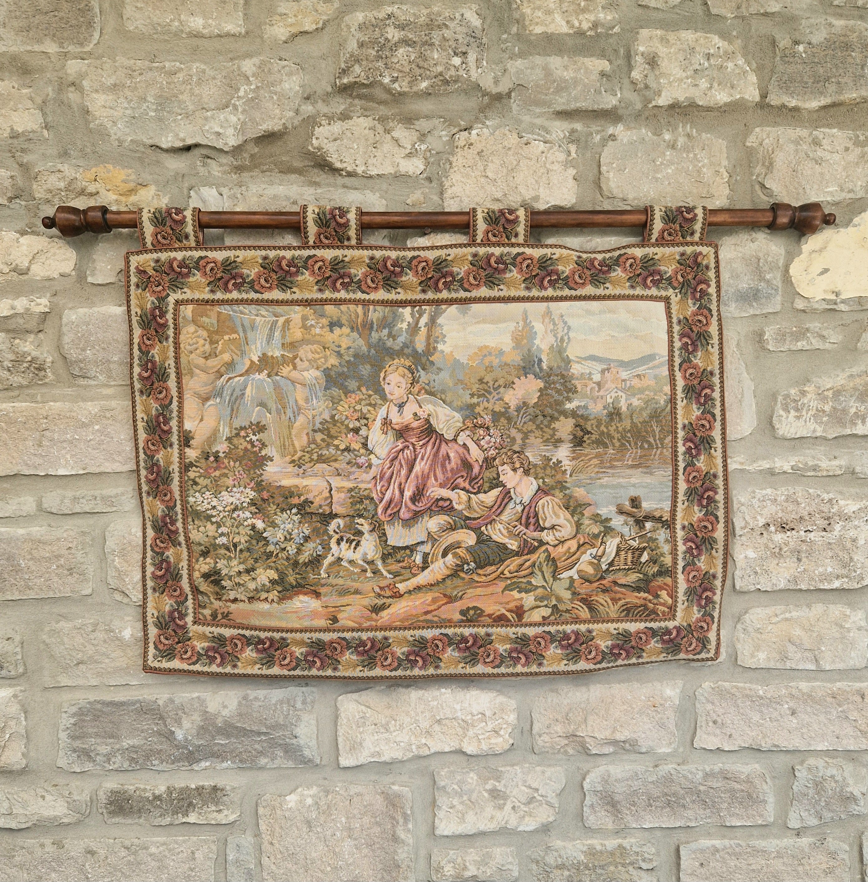 Vintage French Jaquard Pastoral Tapestry Wall Hanging Mounted on Oak Finialled Pole Linned & Finished in England 86cm x 62cm
