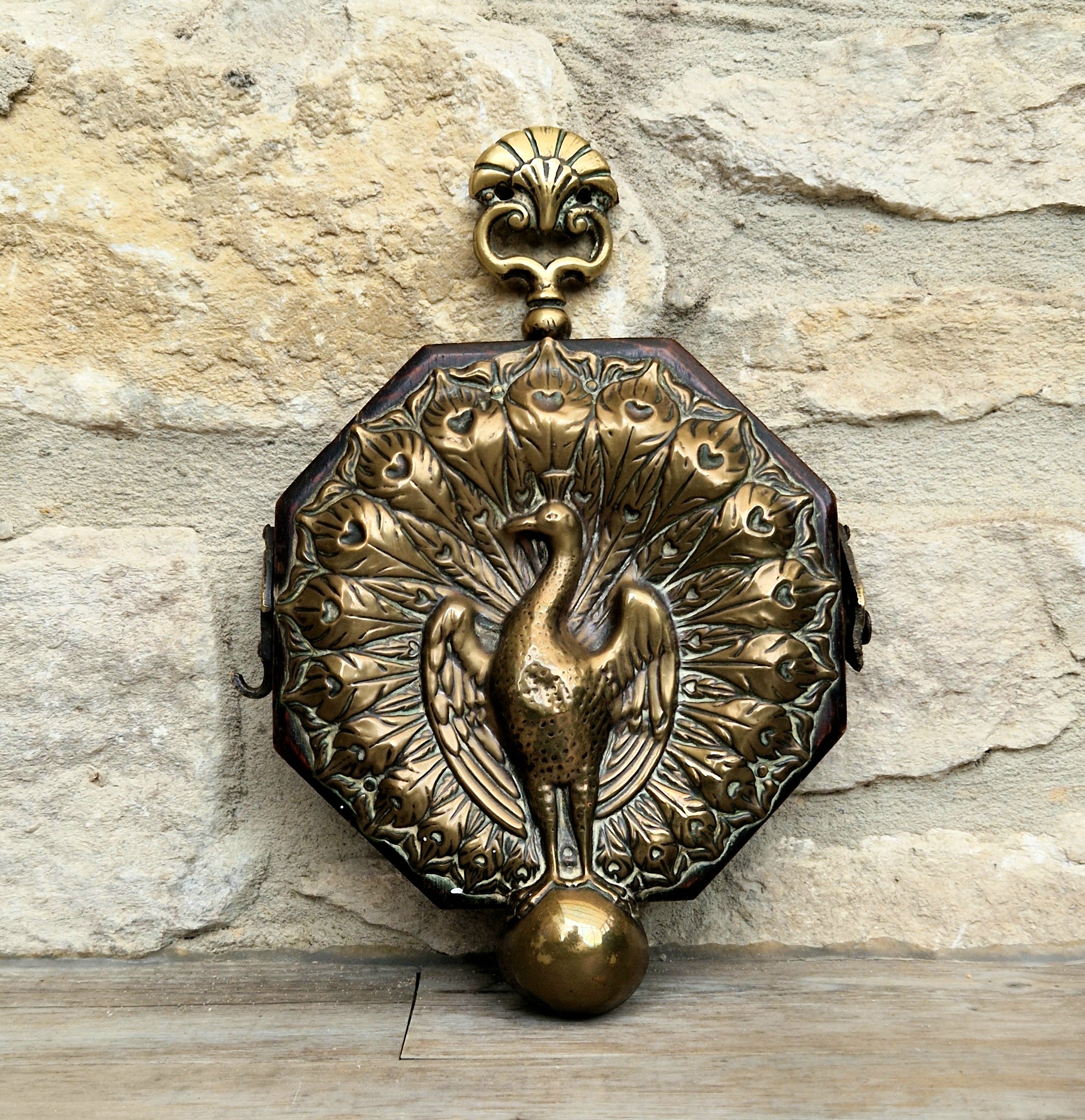 Fine Rare Antique Repousse Brass Peacock Finial English Aesthetic Movement Fumed Oak Decorative Plaque