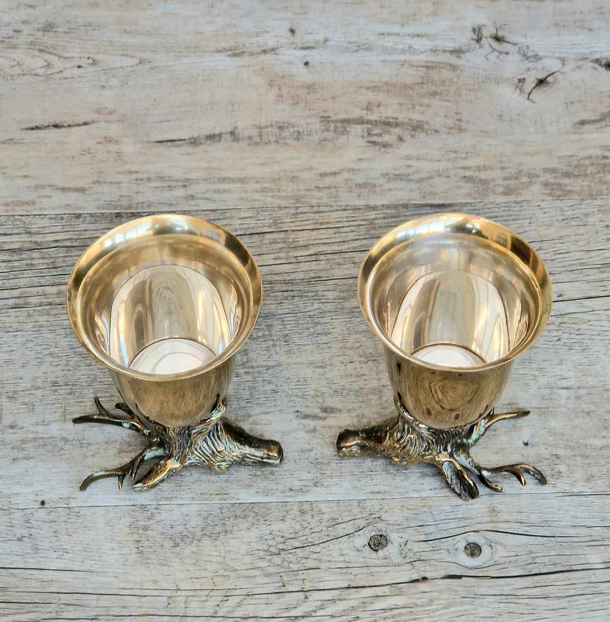 Pair Vintage Brass Stag Stirrup Cups Silver Plated Interiors Naturally Patinated Hunting Barware 1970s