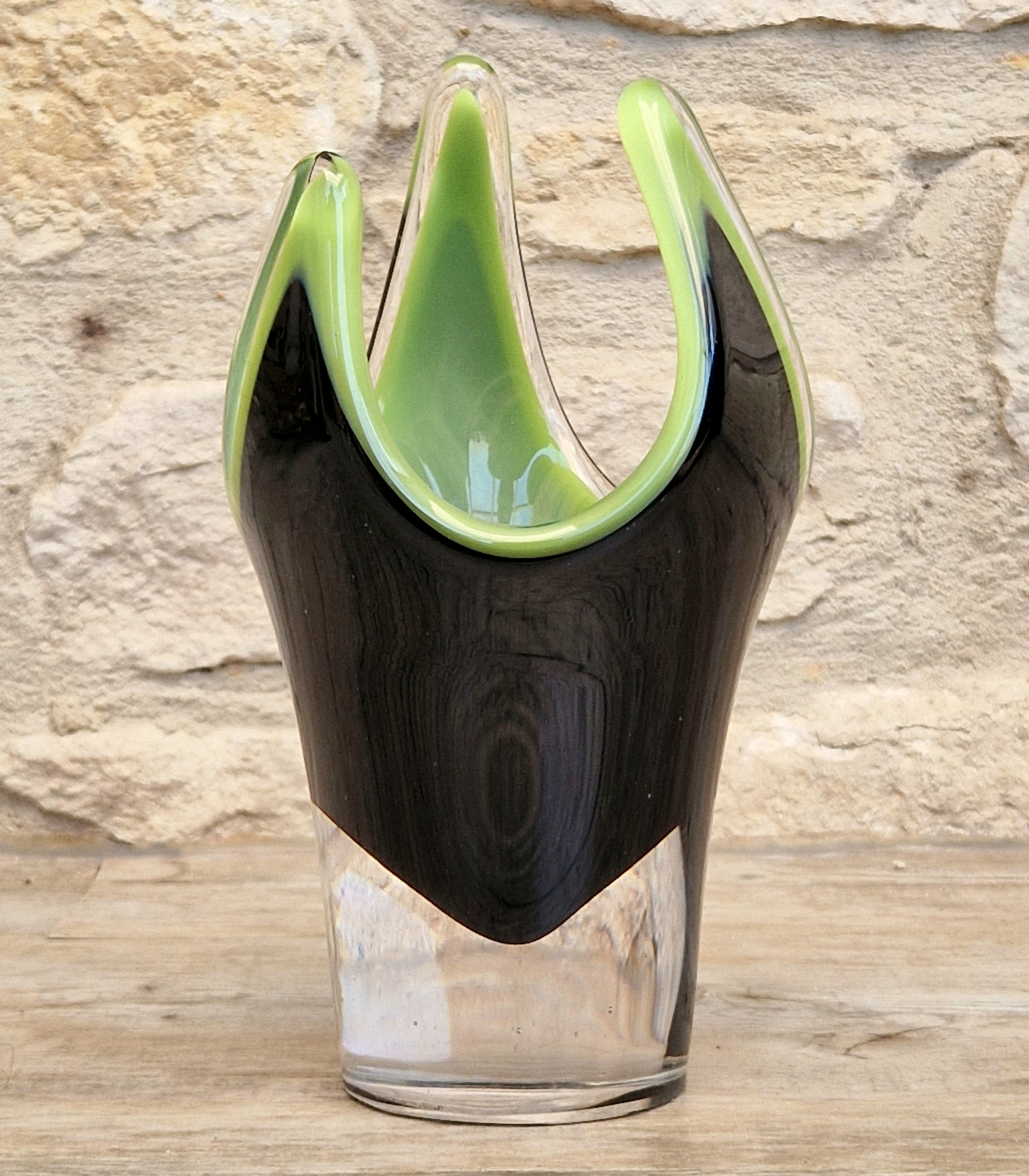 Reijmyre Harlequin Vase Black & Green Signed Paul Kedelv Art Glass, 1958