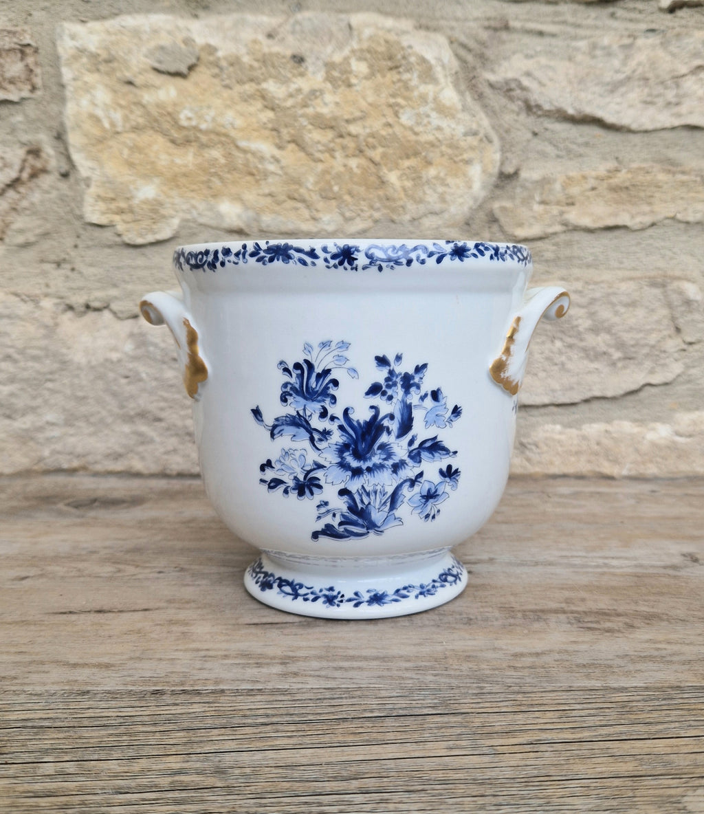 Vintage Vista Alegre Portugal Porcelain Plant Pot Round Planter / Jardinere, Blue & White