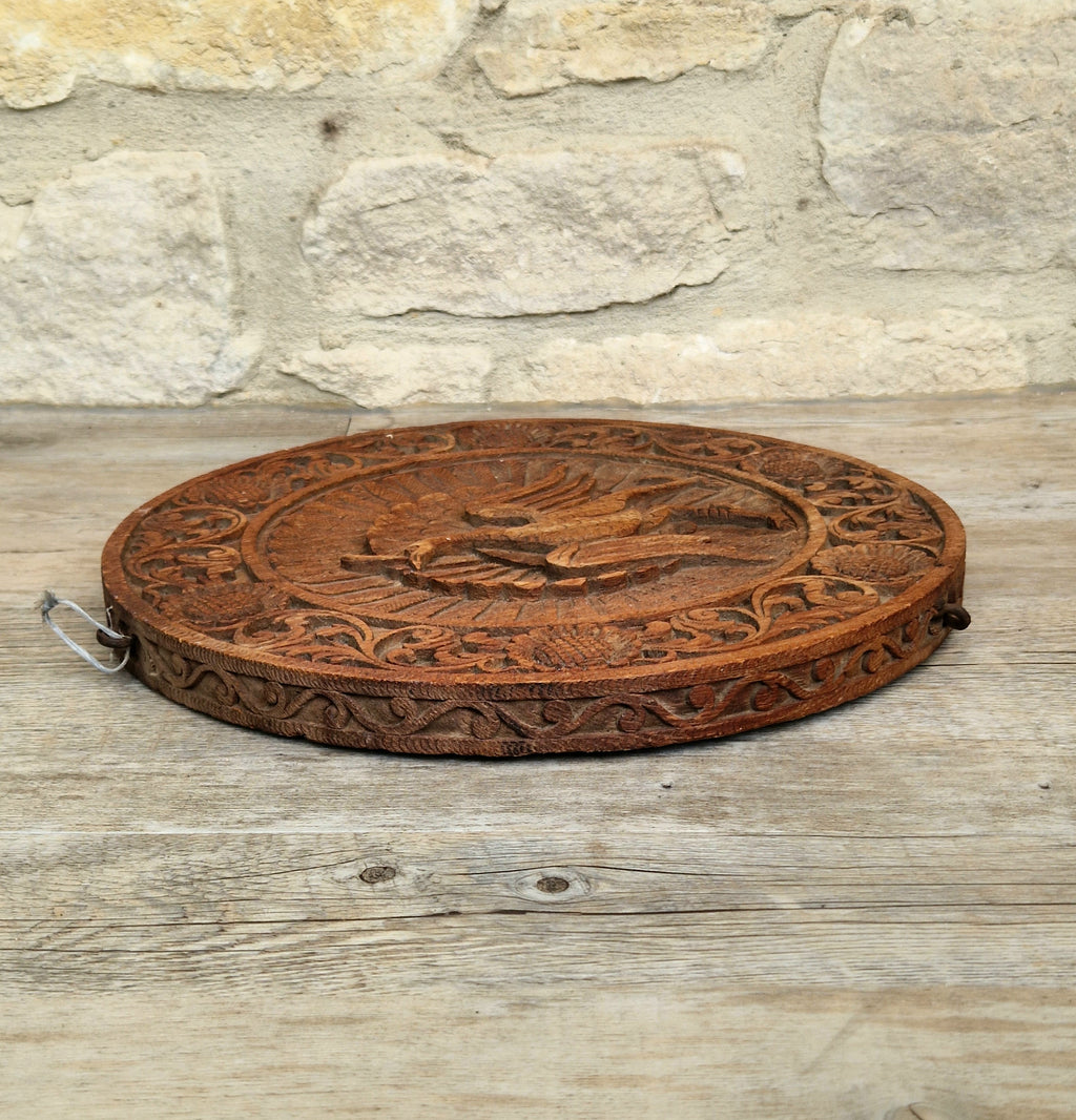 19th c. Colonial Anglo-Indian Hand-Carved Teak Wood Dancing Peacock Disc Panel 30cm