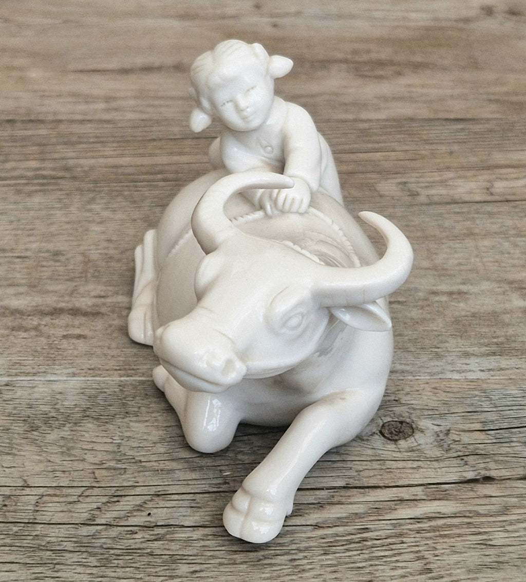 Vintage Chinese Blanc De Chine Porcelain Figurine Girl Riding Water Buffalo Ox Ceramic Home Ornament