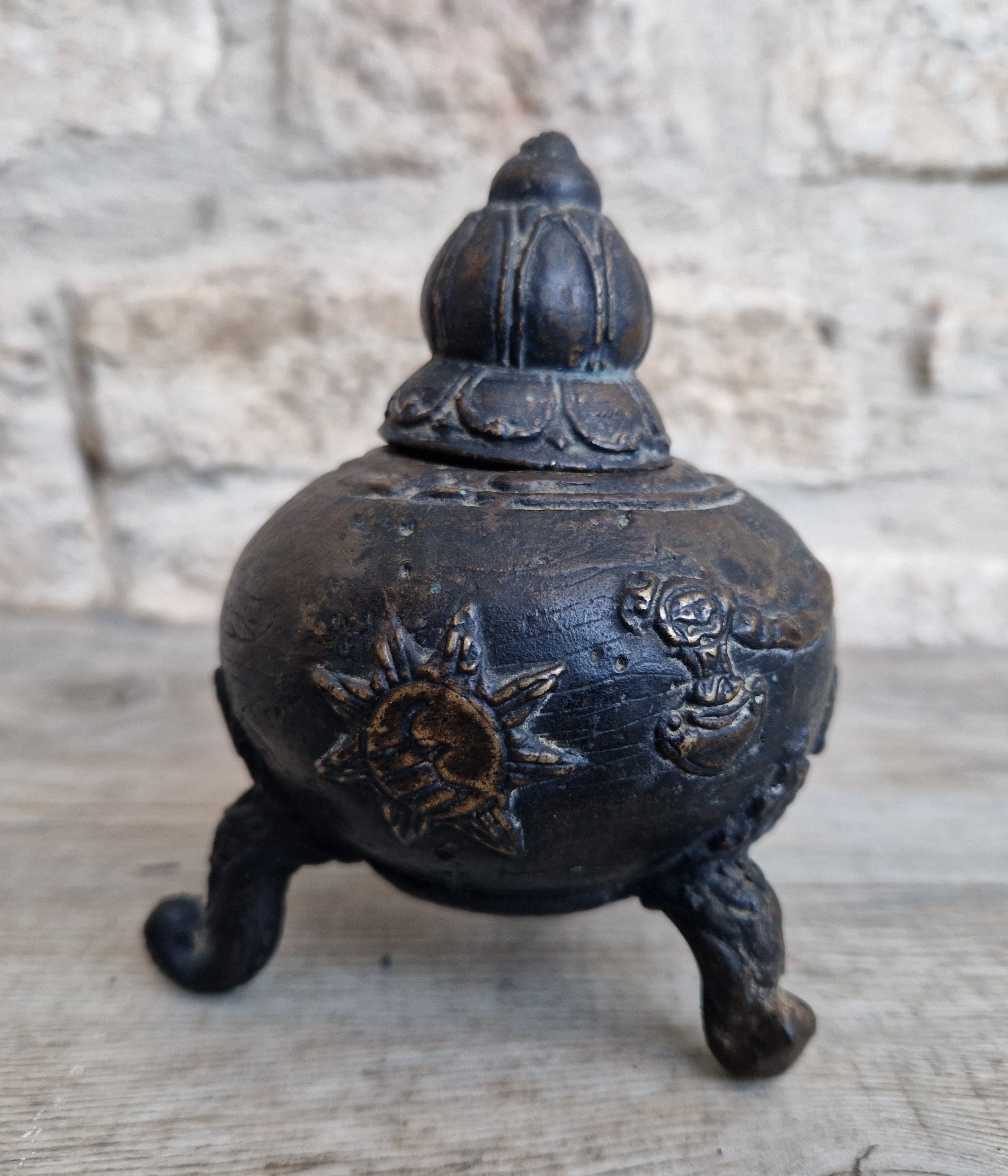 Ancient Chinese Bronze Tri-Foot Lidded Censer Mythic Creatures Reliefs
