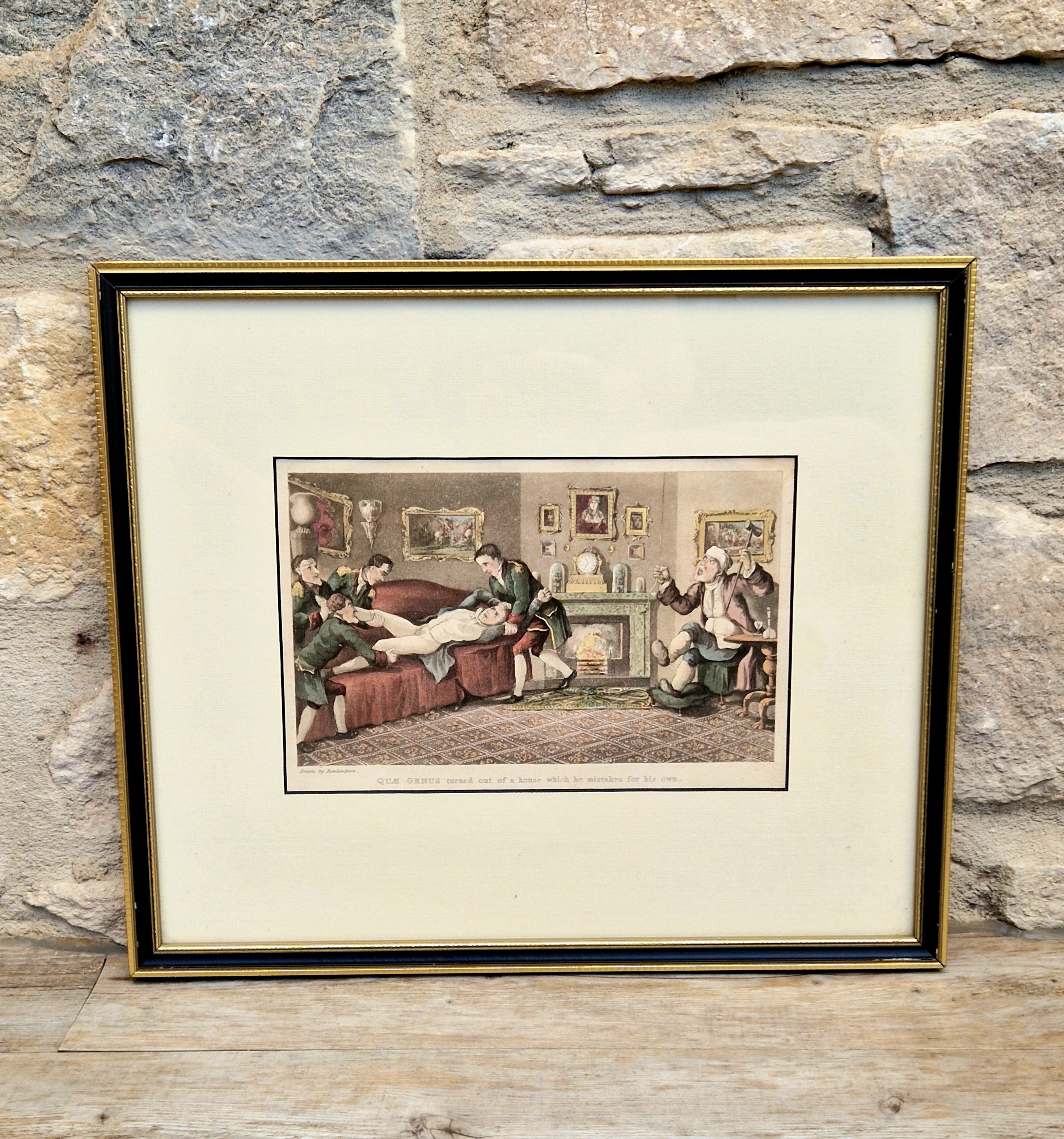 Thomas Rowlandson Lithograph Print 'Quae Genus turned out of a house which he mistakes for his own' Framed Wall Art