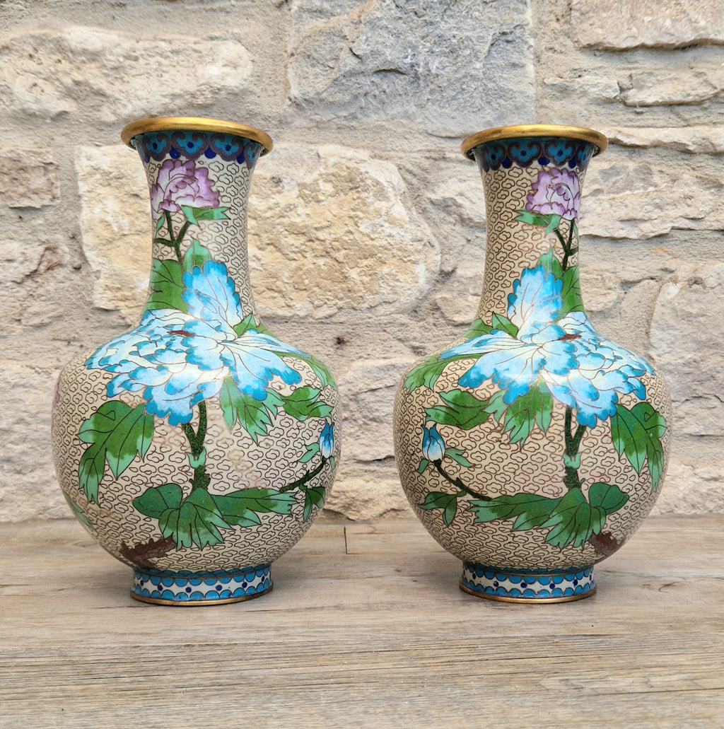 Pair Of Large Cloisonne Mirror Matched Peony Vases Mid 20th Century Exemplary Condition 23cm