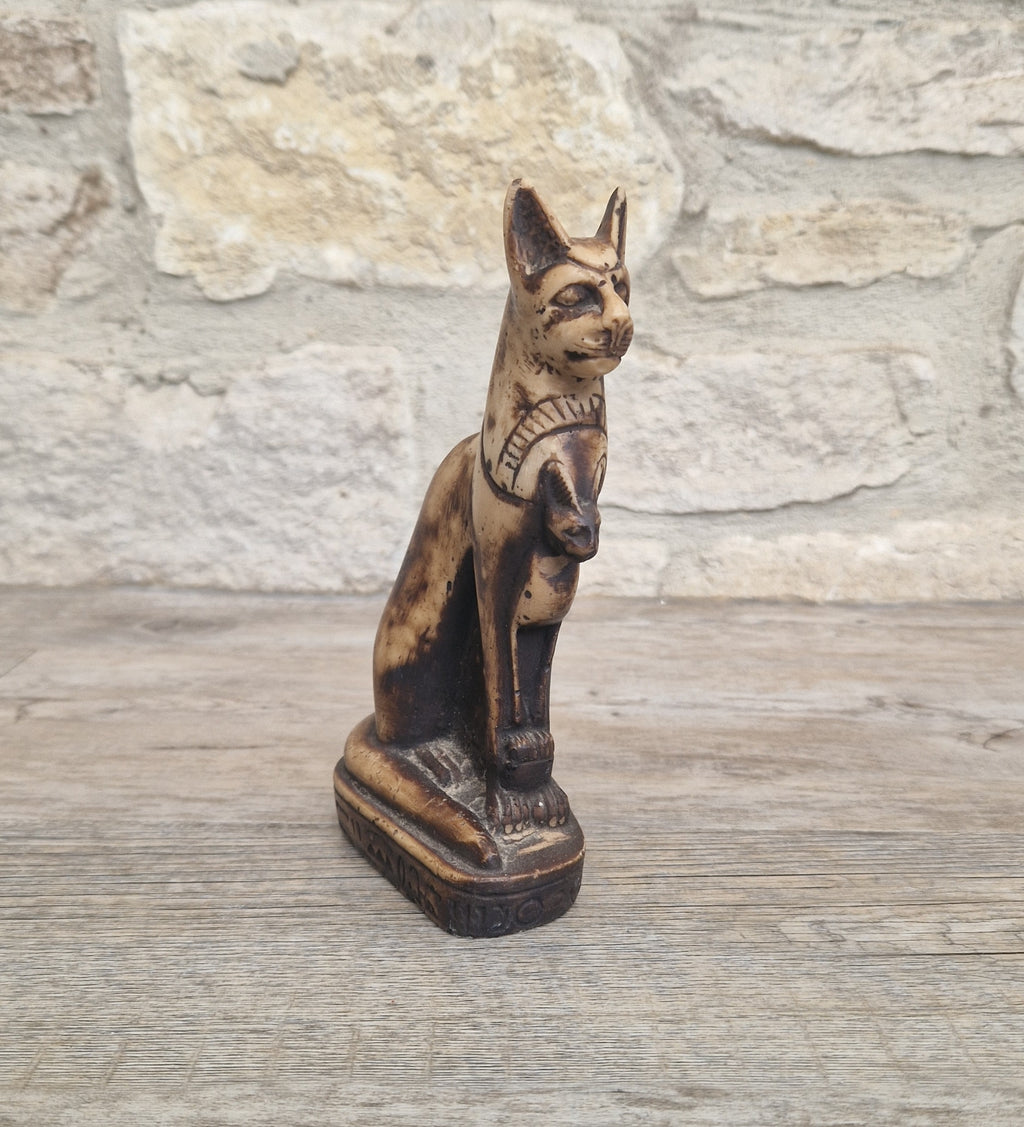 Vintage Hand Carved Stone Bastet Cat Figurine - Egyptian Goddess Ornament