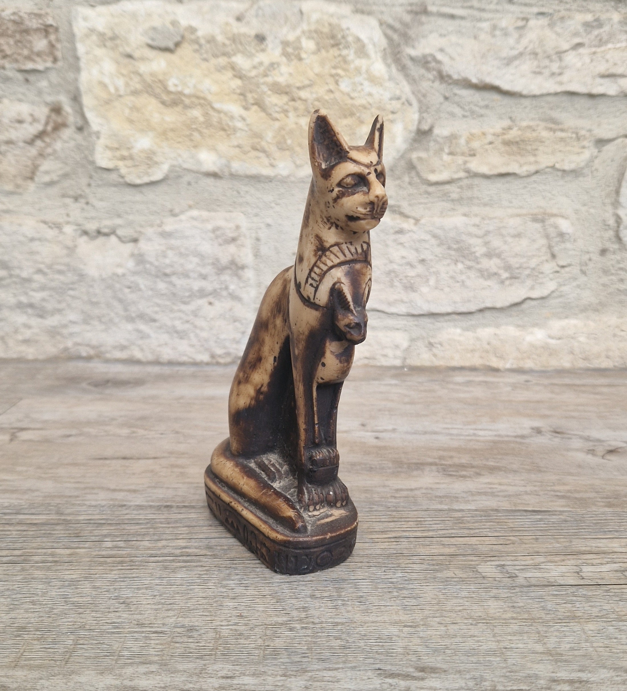 Vintage Hand Carved Stone Bastet Cat Figurine - Egyptian Goddess Ornament