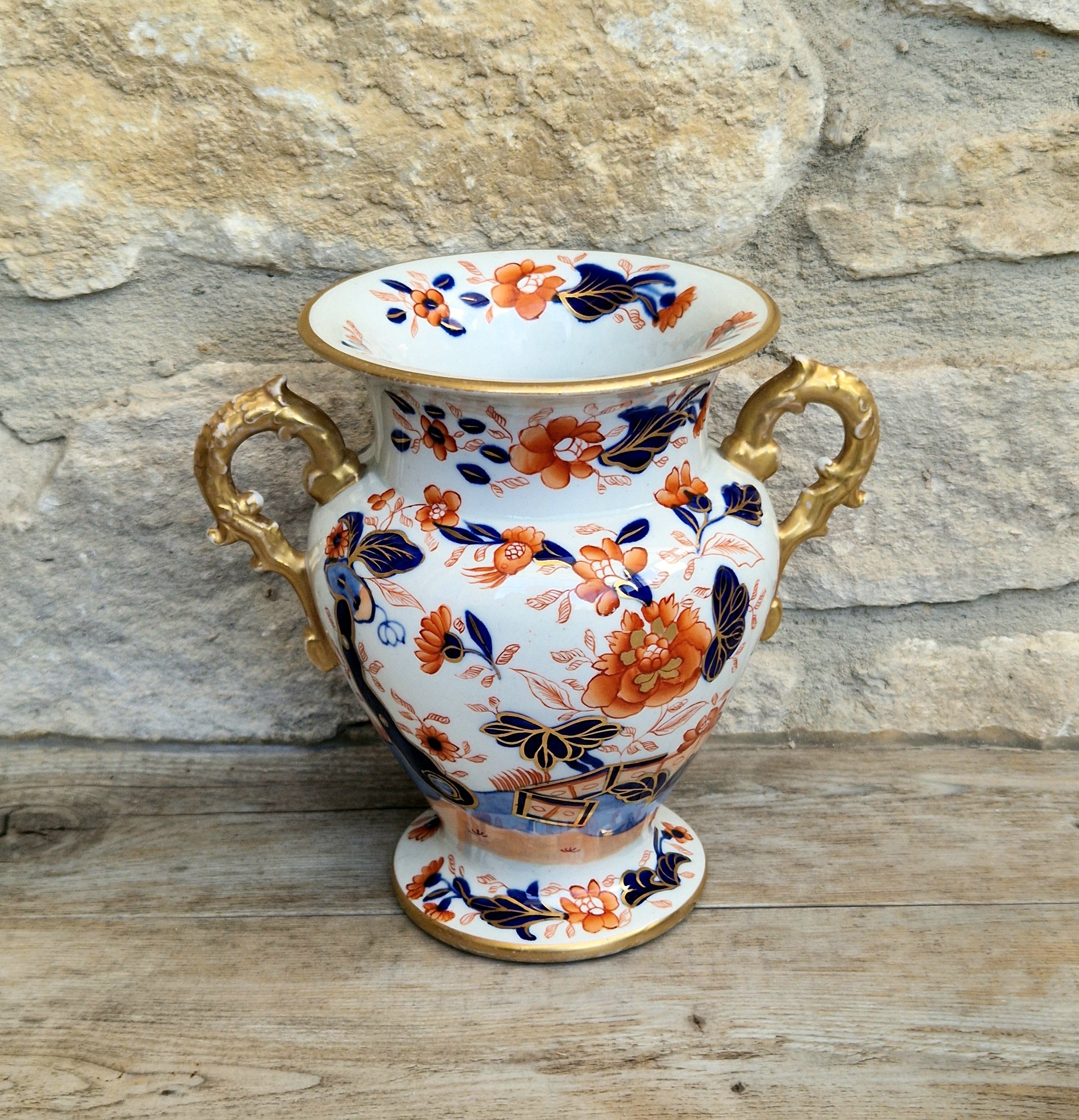 Early Mason's Ironstone China Vase Japan Fence Pattern, Gilt Handles 1820