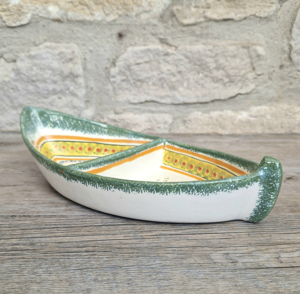 Vintage Henriot Quimper Faience Ceramic Boat Shape Divided Serving Dish