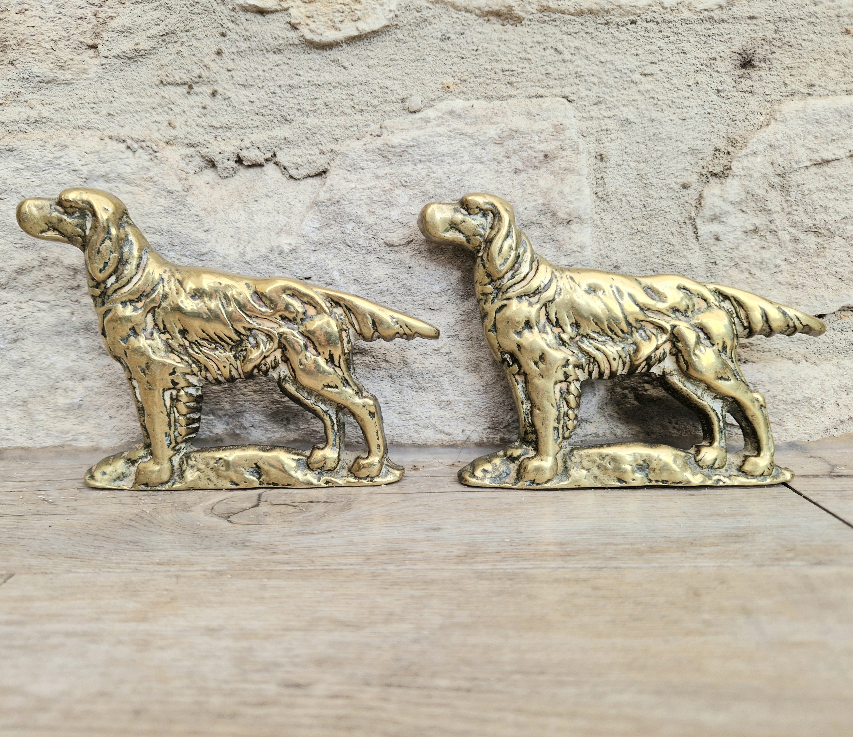 Pair of Vintage Brass Irish Setter Dogs Half Mold Stand Desk Ornaments
