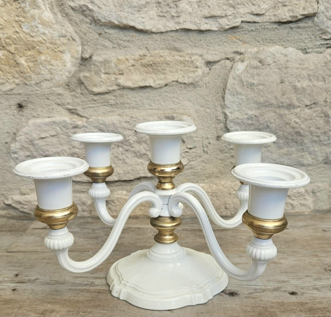 Vintage White Enamel and Gold Five Candle Candelabra Four Arm Elegant Metal Centerpiece