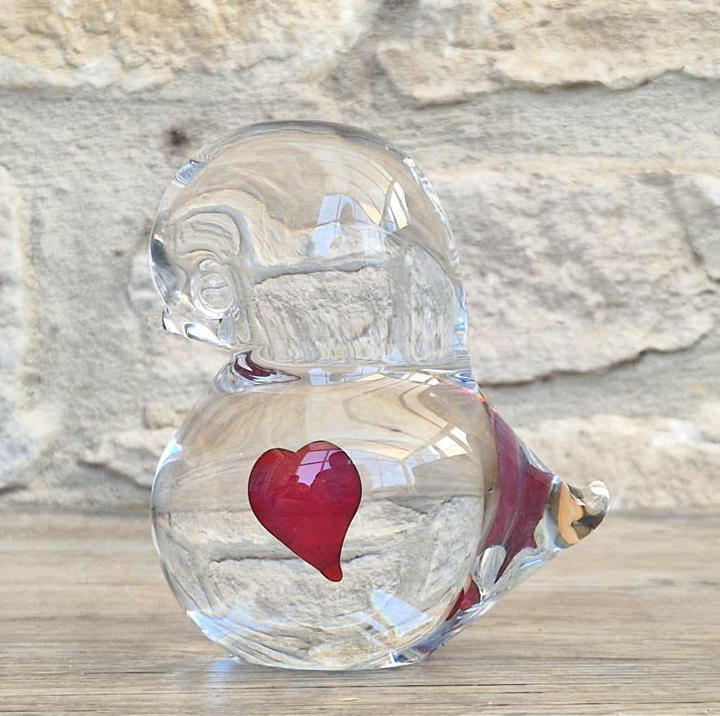 Art Glass Stylised Duckling Shaped Clear Glass With Embedded Red Heart Paperweight Ornament
