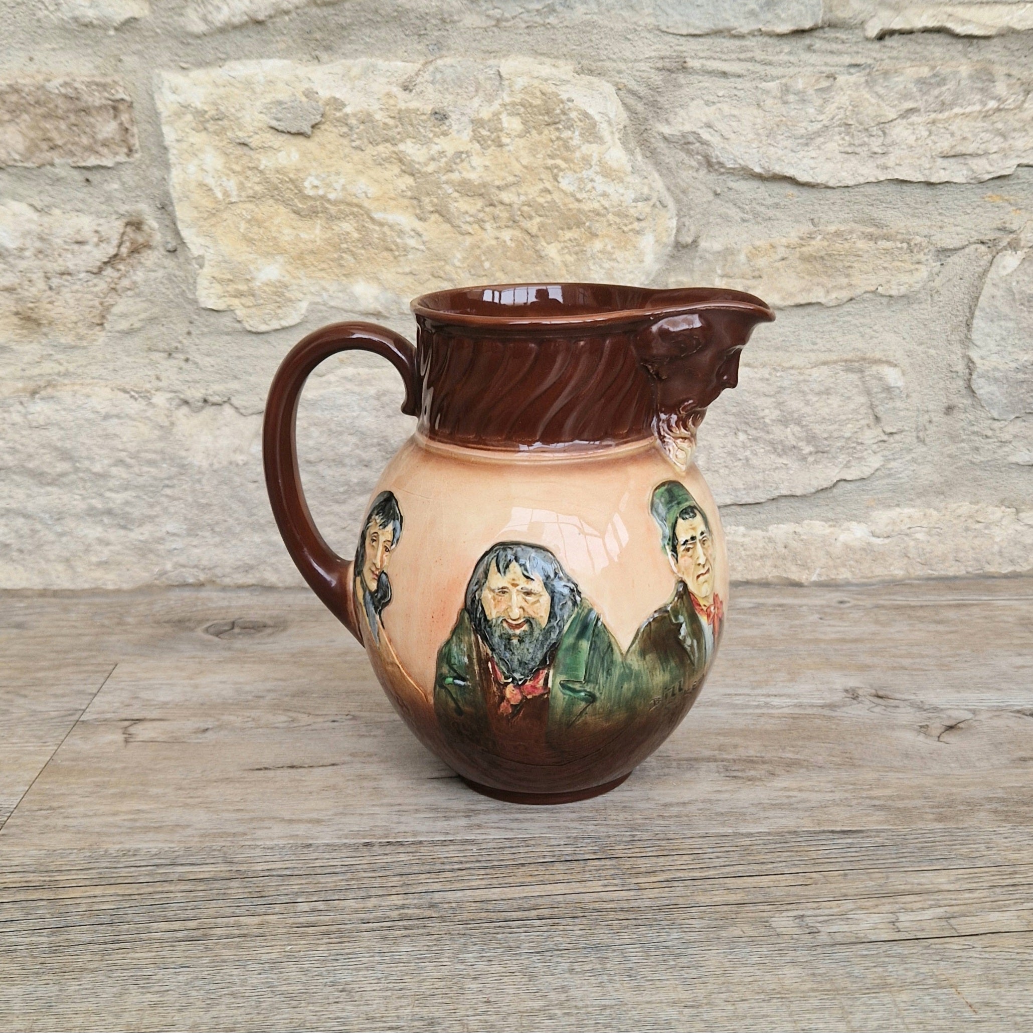 Royal Doulton Charles Dickens Pitcher: Antique Raised Relief Ceramic Jug Made in England