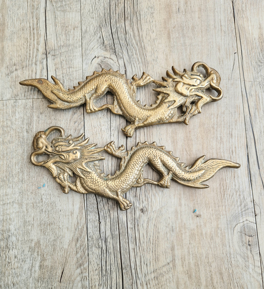Pair Of Antique Heavy Cast Brass Chinese Dragons Wall Decoration or Door Pulls 22cm