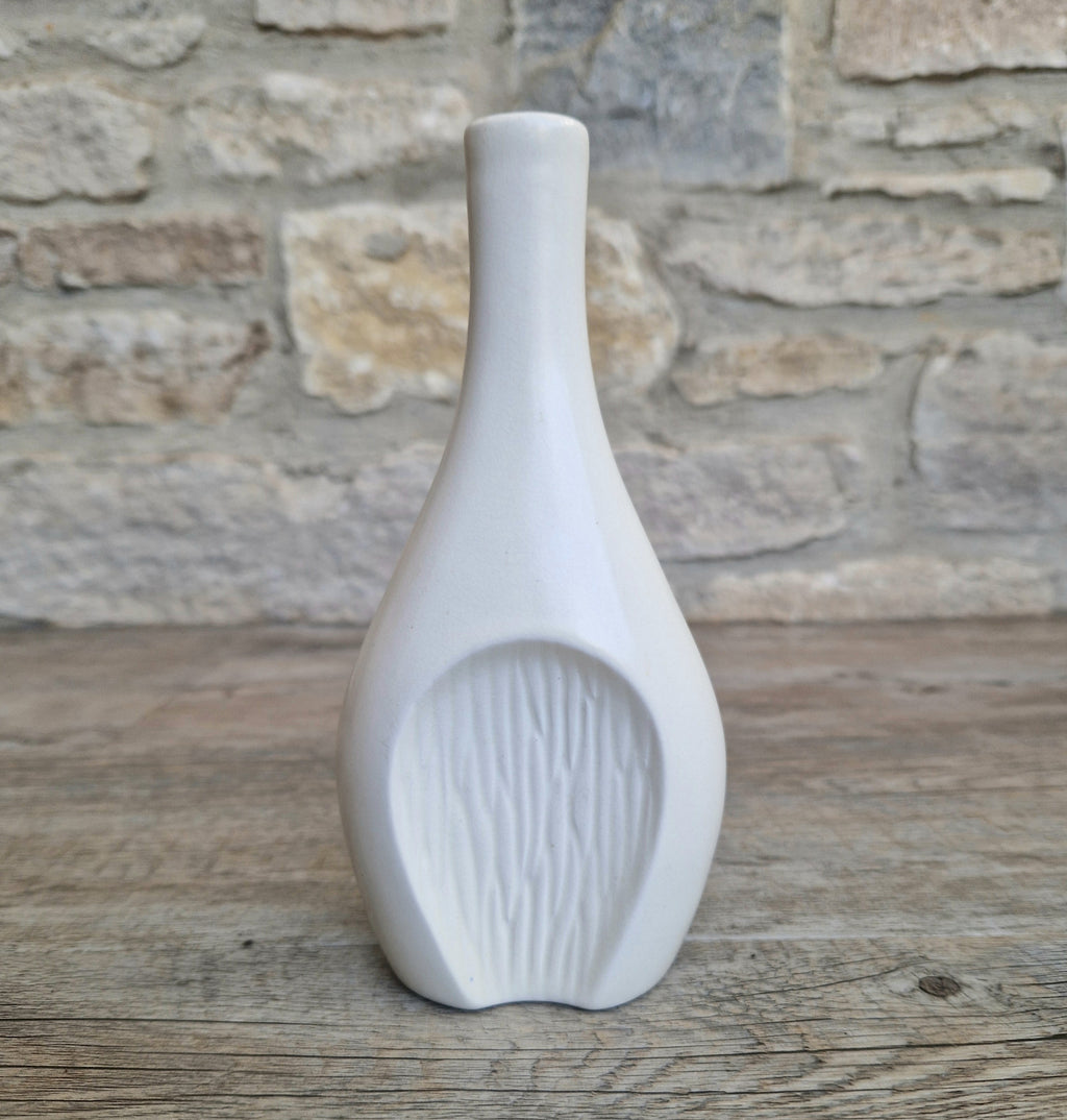Fulham Pottery White Vase Satin Glaze Textured Cut Away Design Stem Vase Vintage