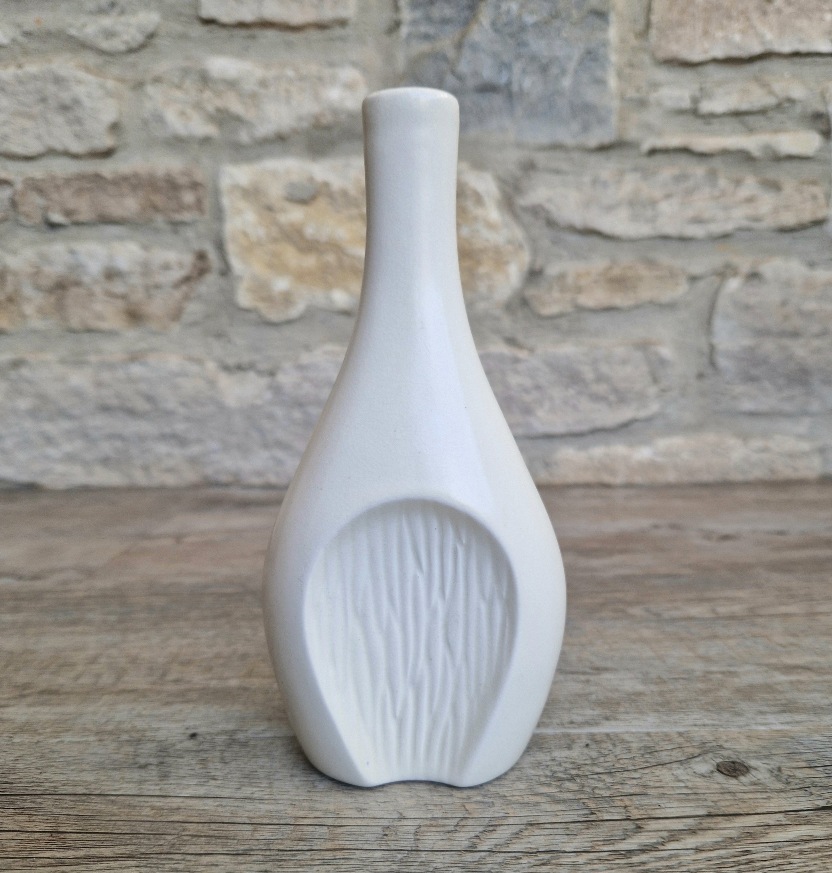 Fulham Pottery White Vase Satin Glaze Textured Cut Away Design Stem Vase Vintage
