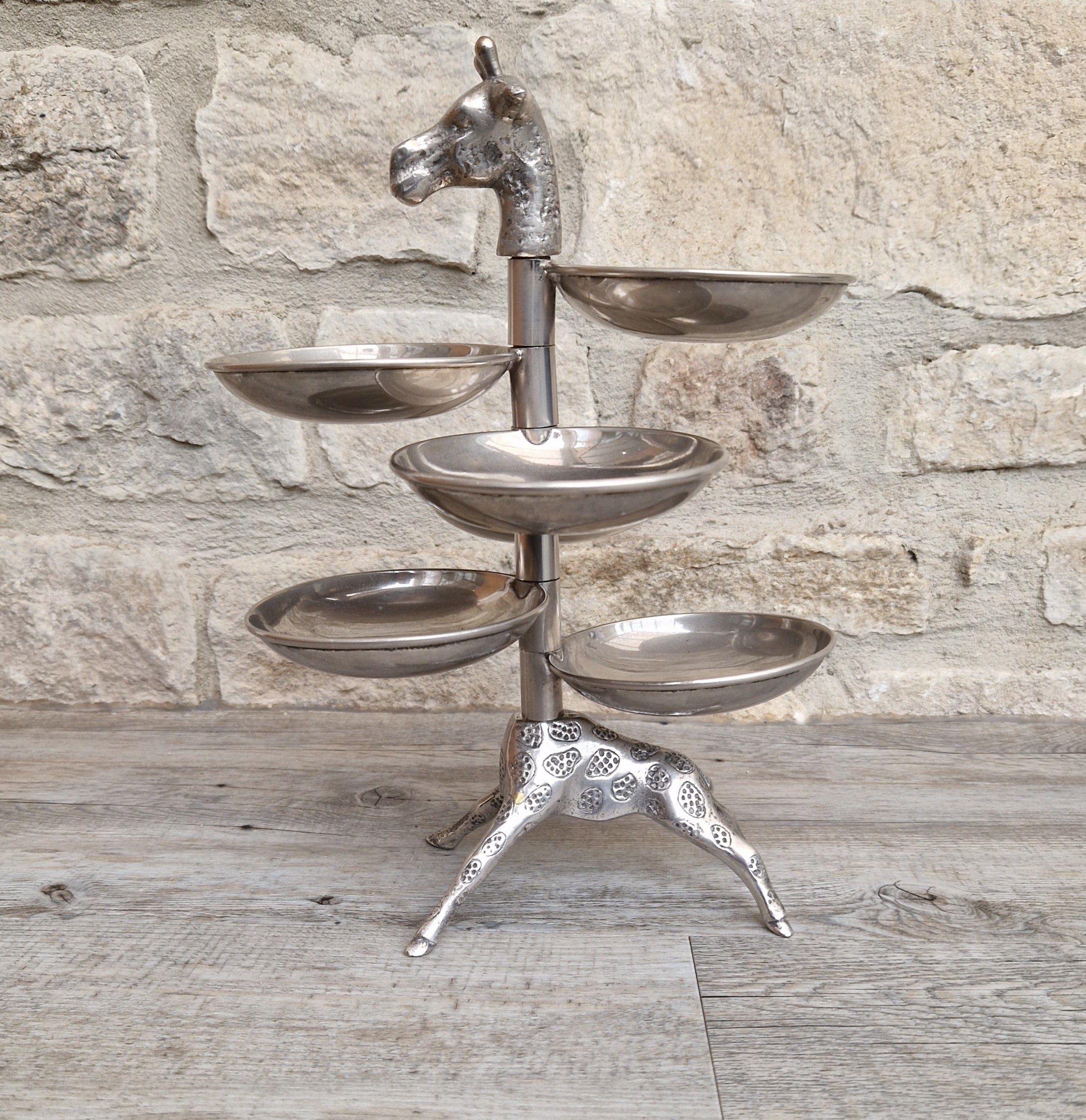 Vintage Midcentury 1960's Chrome Brass Novelty Giraffe 6 Dish h'orderves Serving Tray Stand