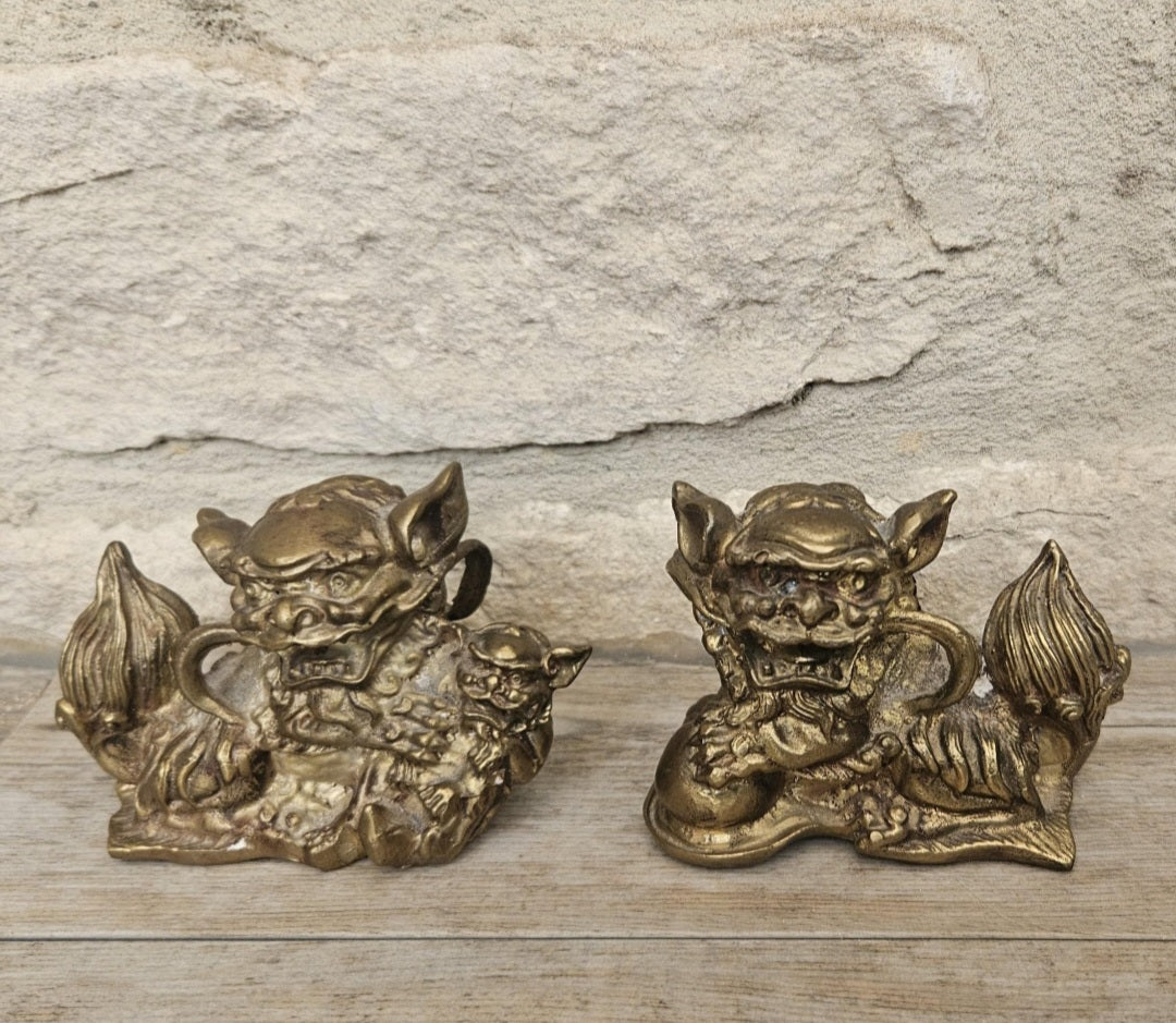 Vintage Small Chinese Pair Of Brass Male and Female Shi Shi Foo Dogs Figurines Statues