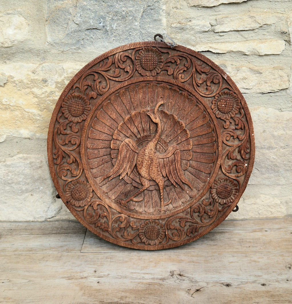 19th c. Colonial Anglo-Indian Hand-Carved Teak Wood Dancing Peacock Disc Panel 30cm