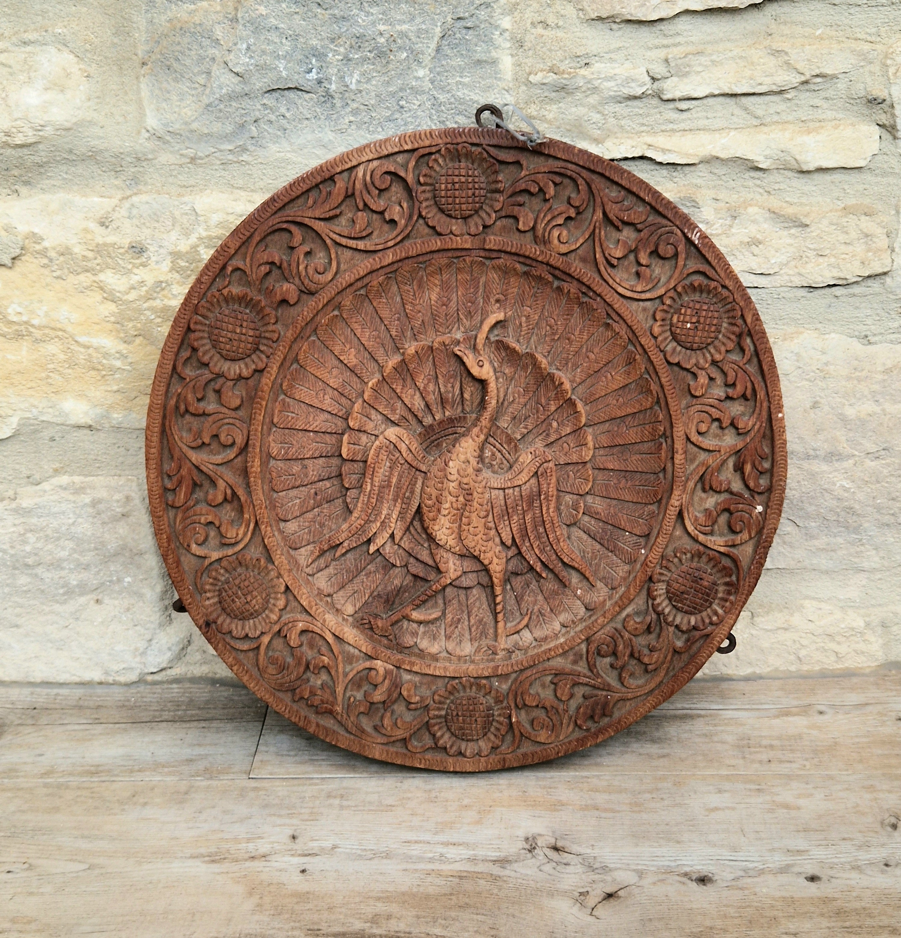 19th c. Colonial Anglo-Indian Hand-Carved Teak Wood Dancing Peacock Disc Panel 30cm