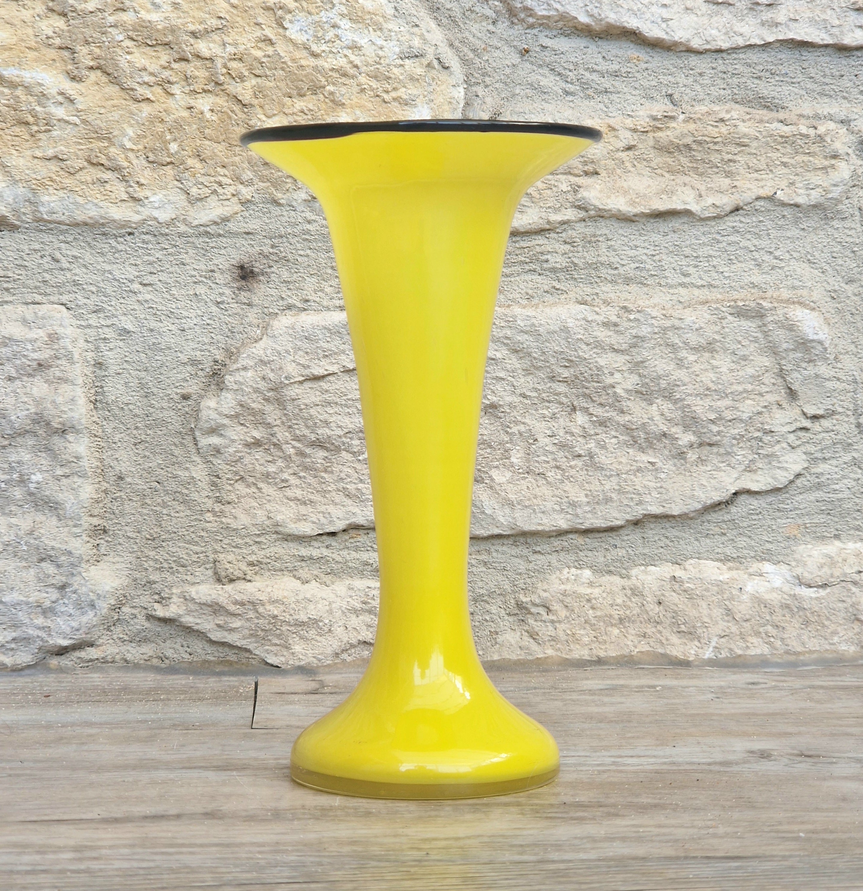 Vintage Bright Yellow Tango Glass Trumpet Vase with Black Rim 16cm