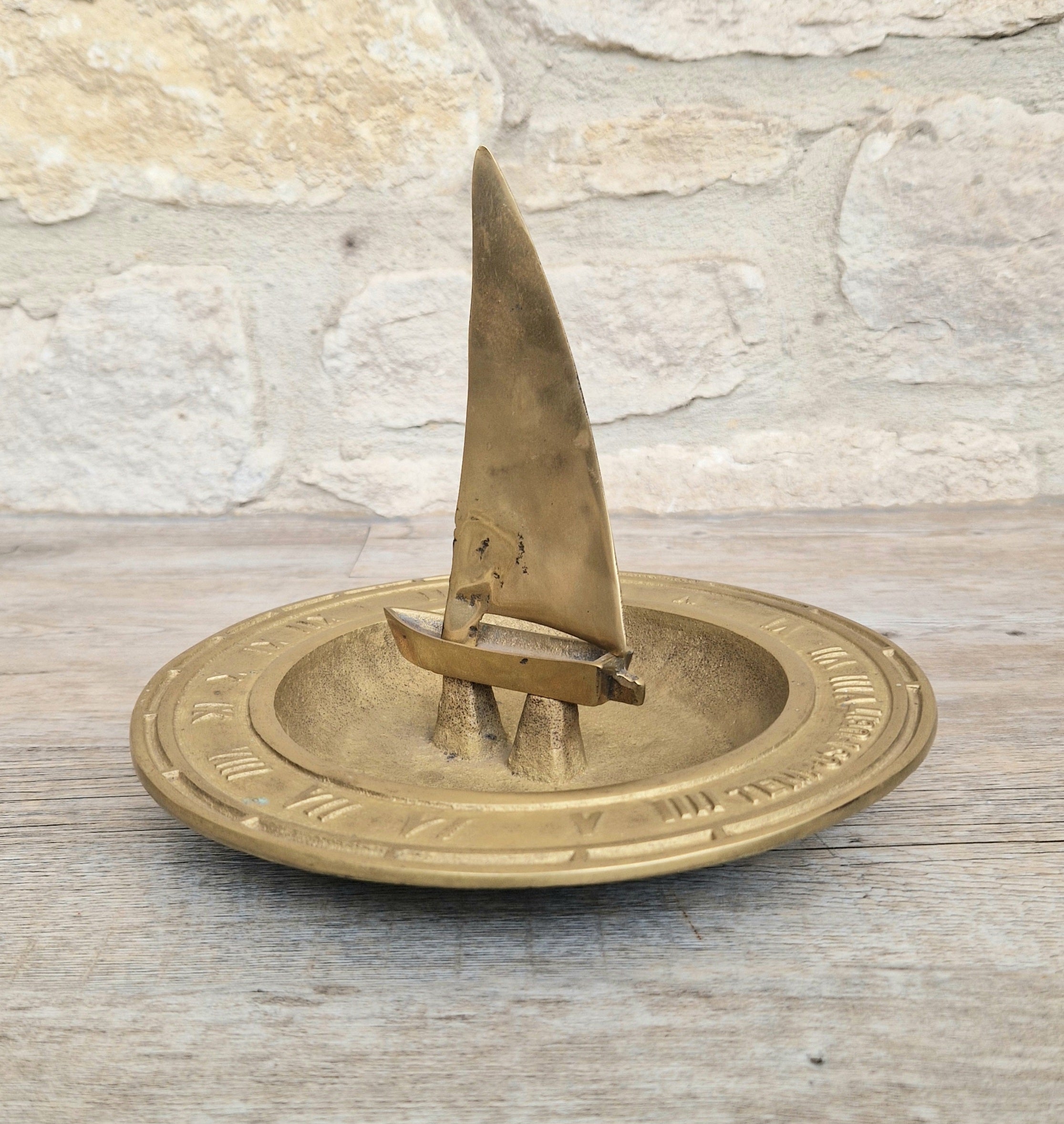 Bronze & Brass Sailing Boat Birdbath Sundial Vintage Garden Ornament