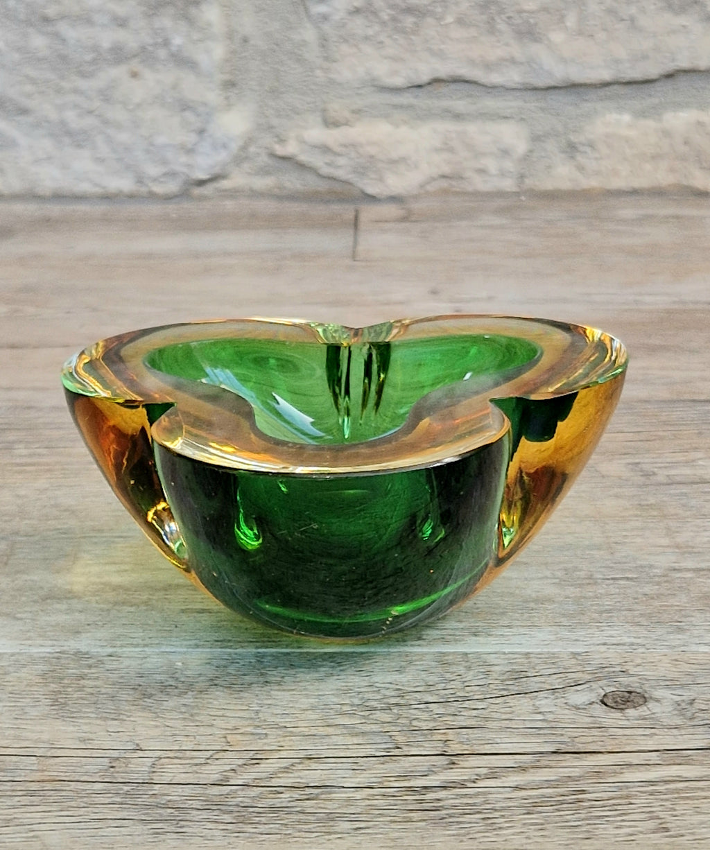Mid-Century Tri-Form Seguso Sommerso Murano Art Glass Bowl Amber & Green 1970s 13cm