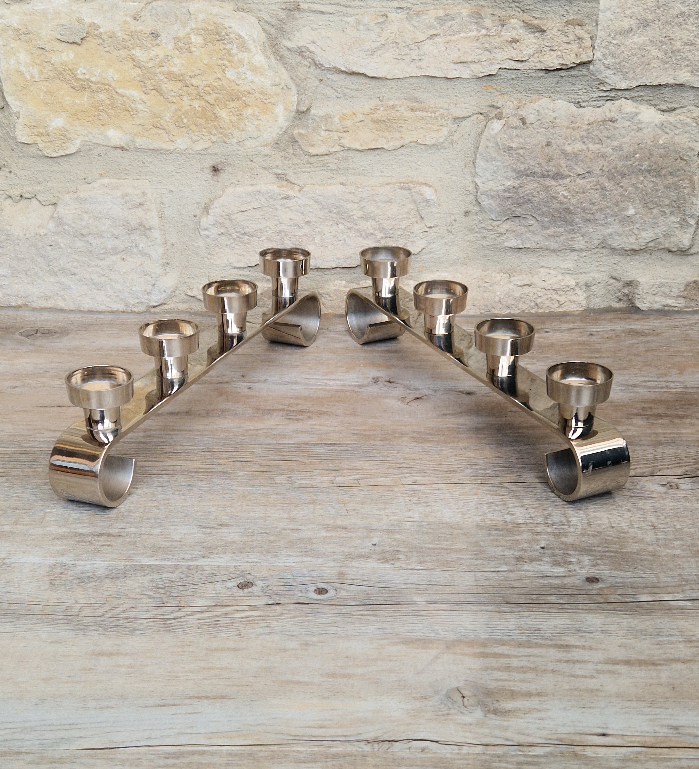Pair MCM Futurist Chromed Stainless Steel Candle Holders Multi Candelabra Tealight Holders
