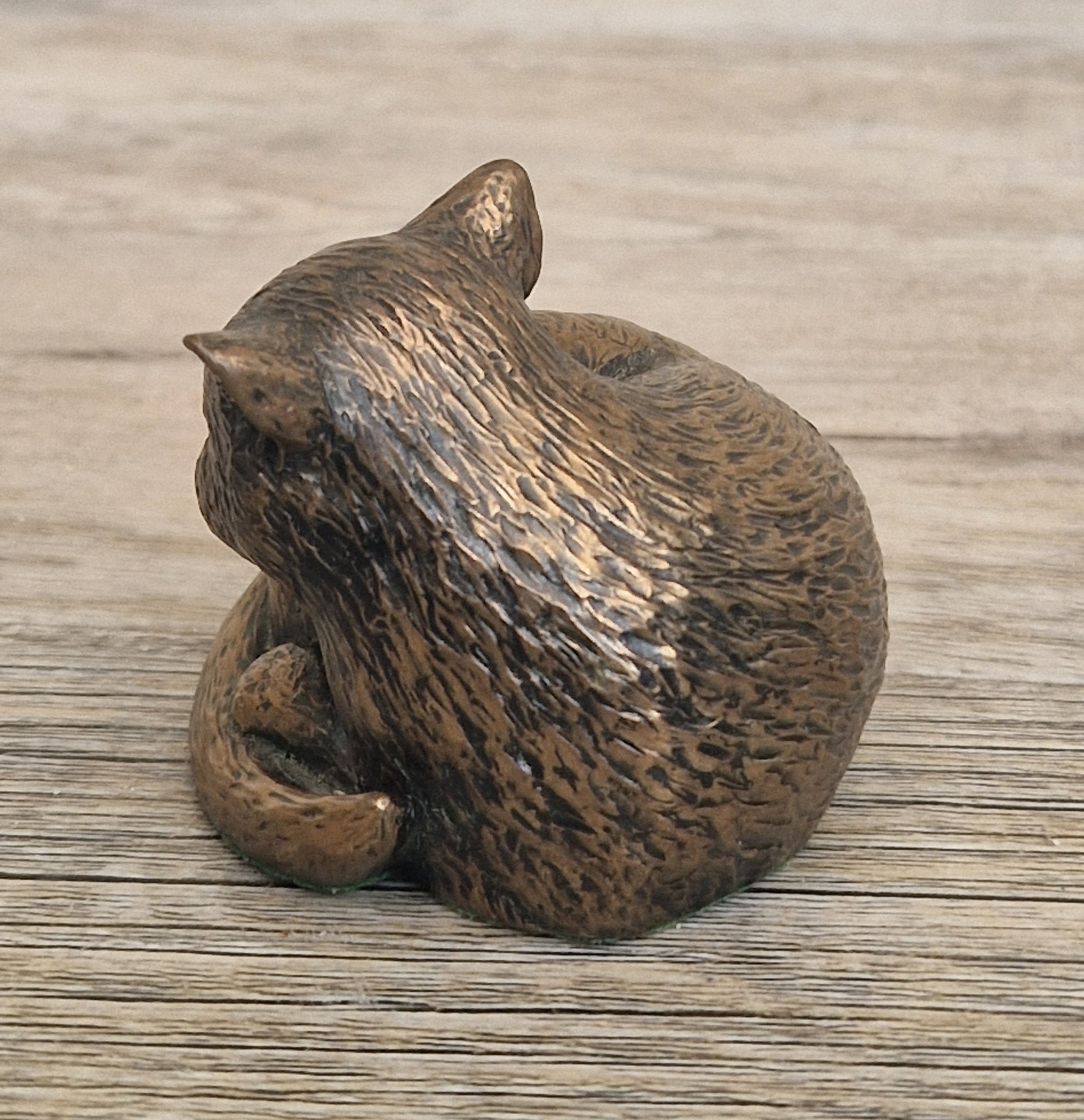 Cat Cold Cast Bronze Resin Curled Licking Figure Vintage Ornament